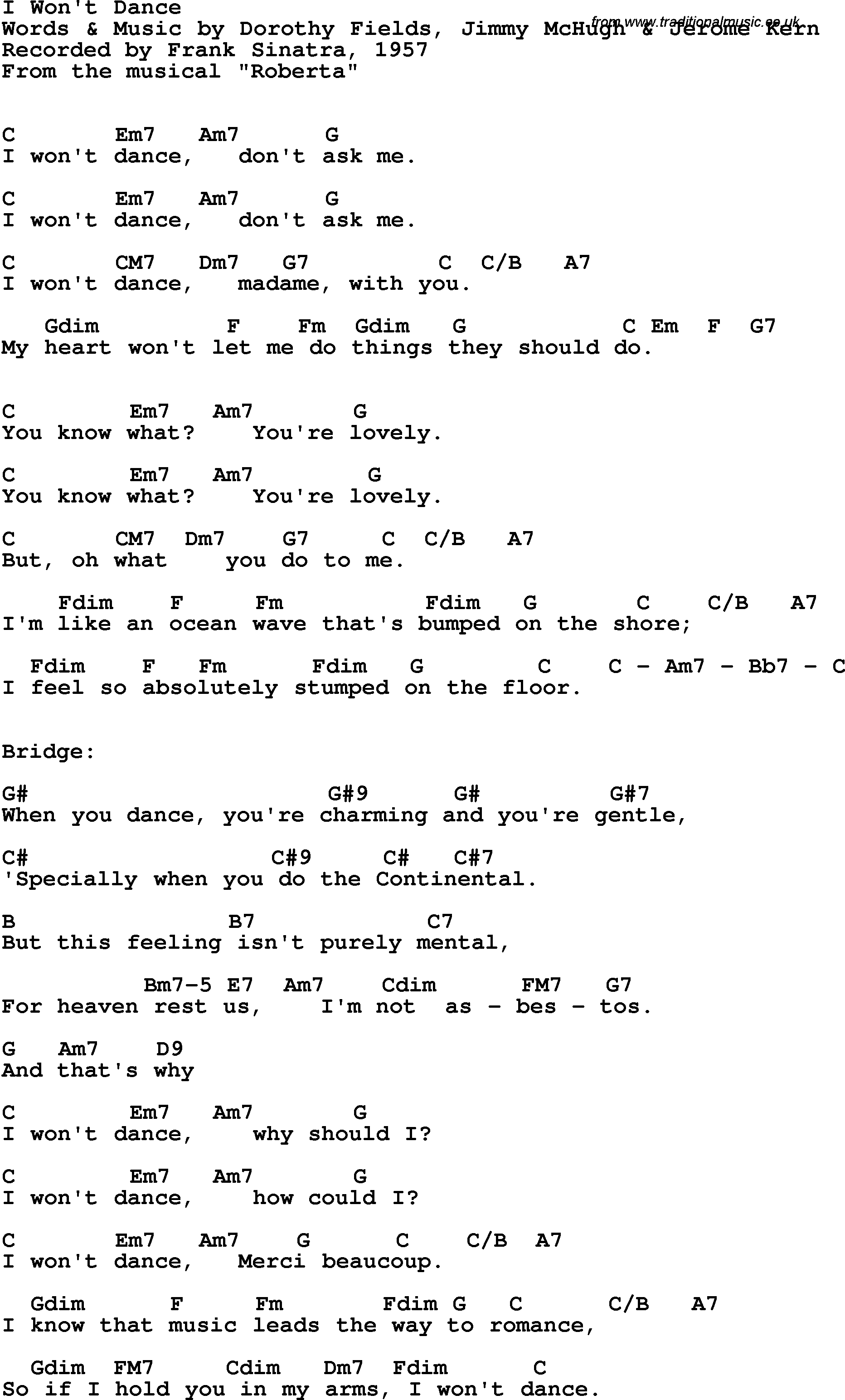 Song Lyrics with guitar chords for I Won't Dance - Frank Sinatra, 1957