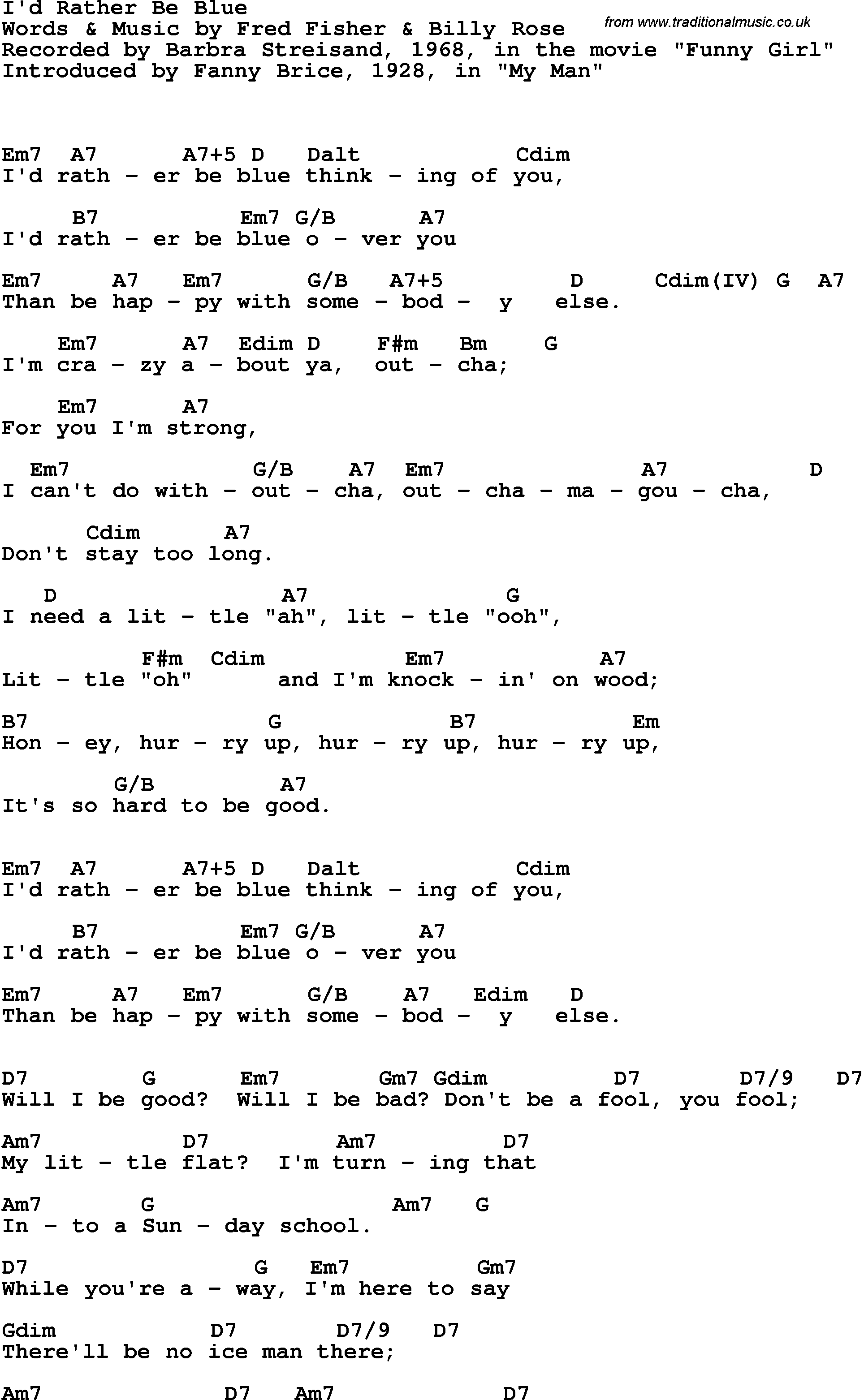 Song Lyrics with guitar chords for I'd Rather Be Blue - Barbra Streisand, 1968