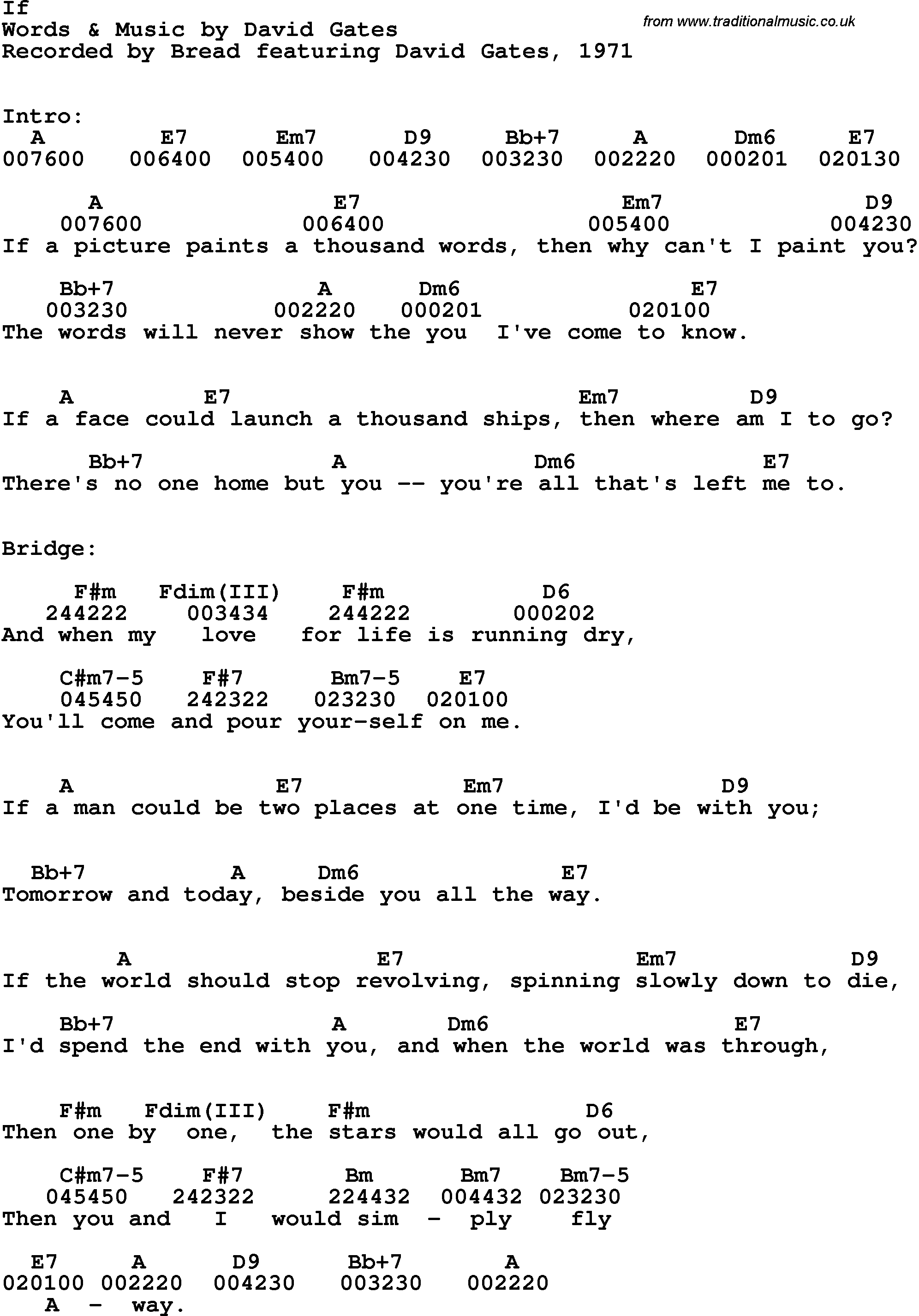 Song Lyrics with guitar chords for If - David Gates & Bread, 1971