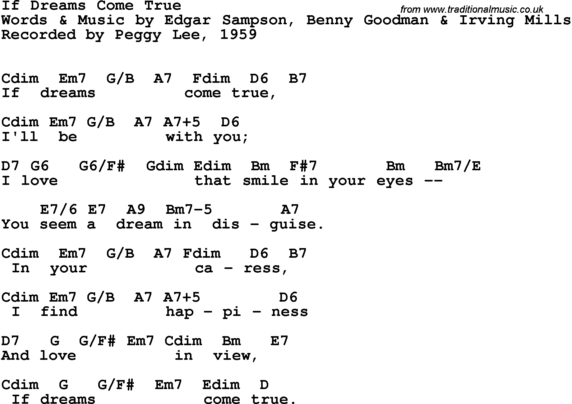 Song Lyrics with guitar chords for If Dreams Come True - Peggy Lee, 1959