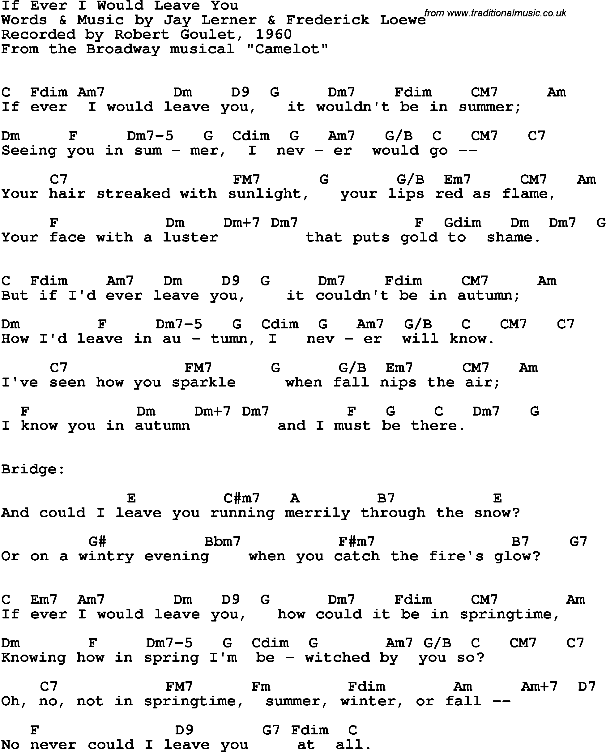 Song Lyrics with guitar chords for If Ever I Would Leave You - Robert Goulet, 1960