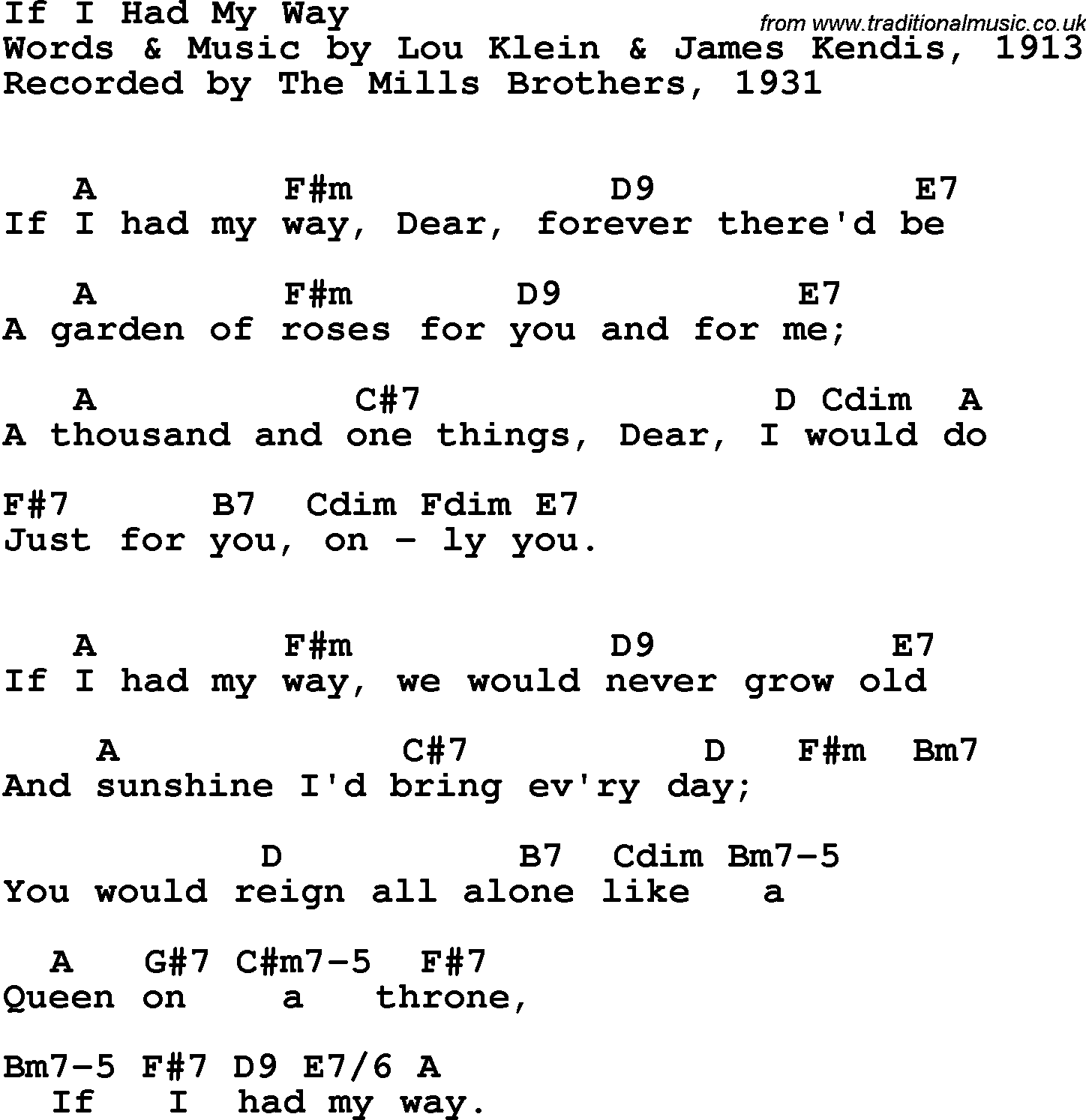 Song Lyrics with guitar chords for If I Had My Way - The Mills Brothers, 1931