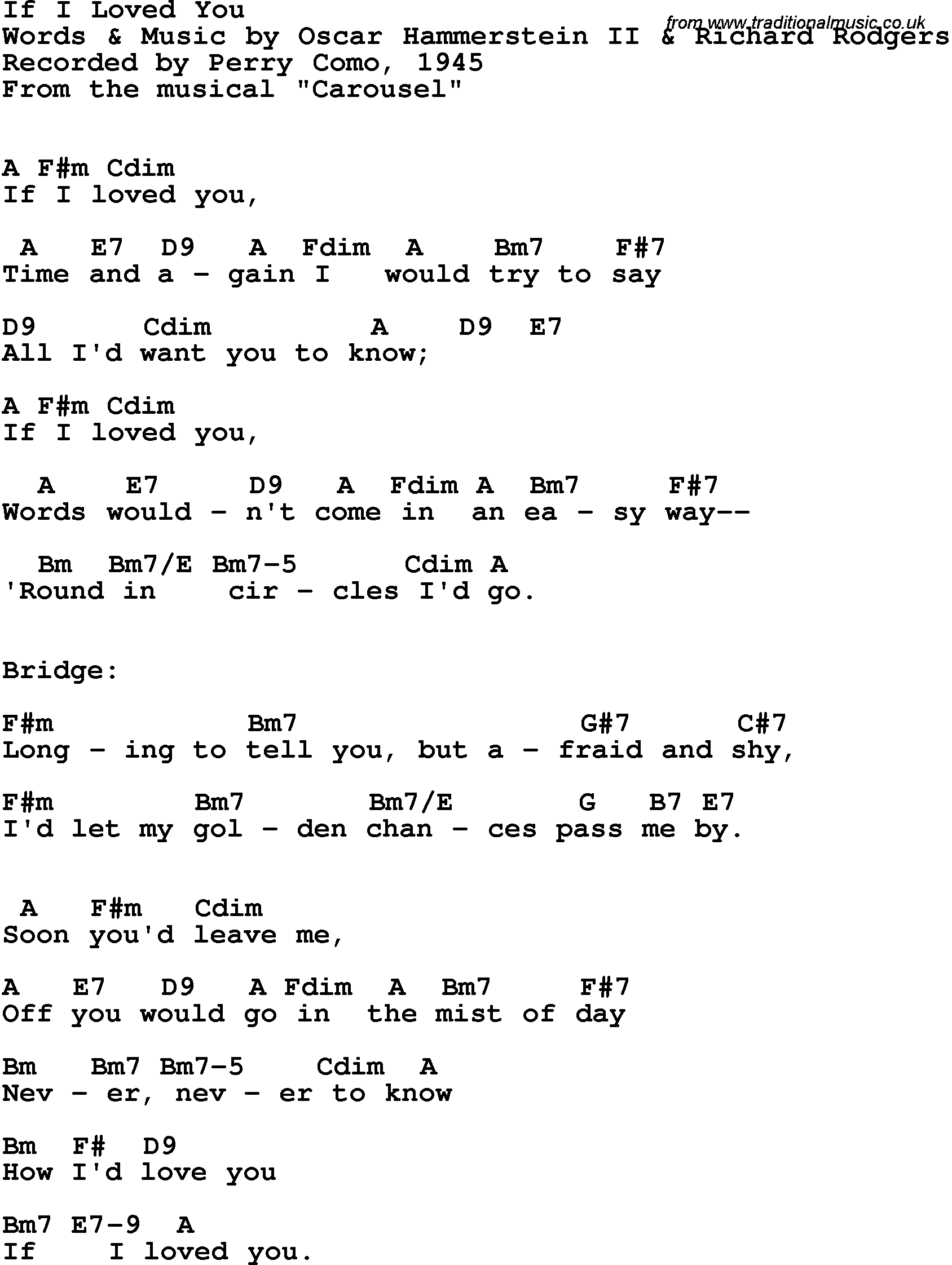 Song Lyrics with guitar chords for If I Loved You - Perry Como, 1945
