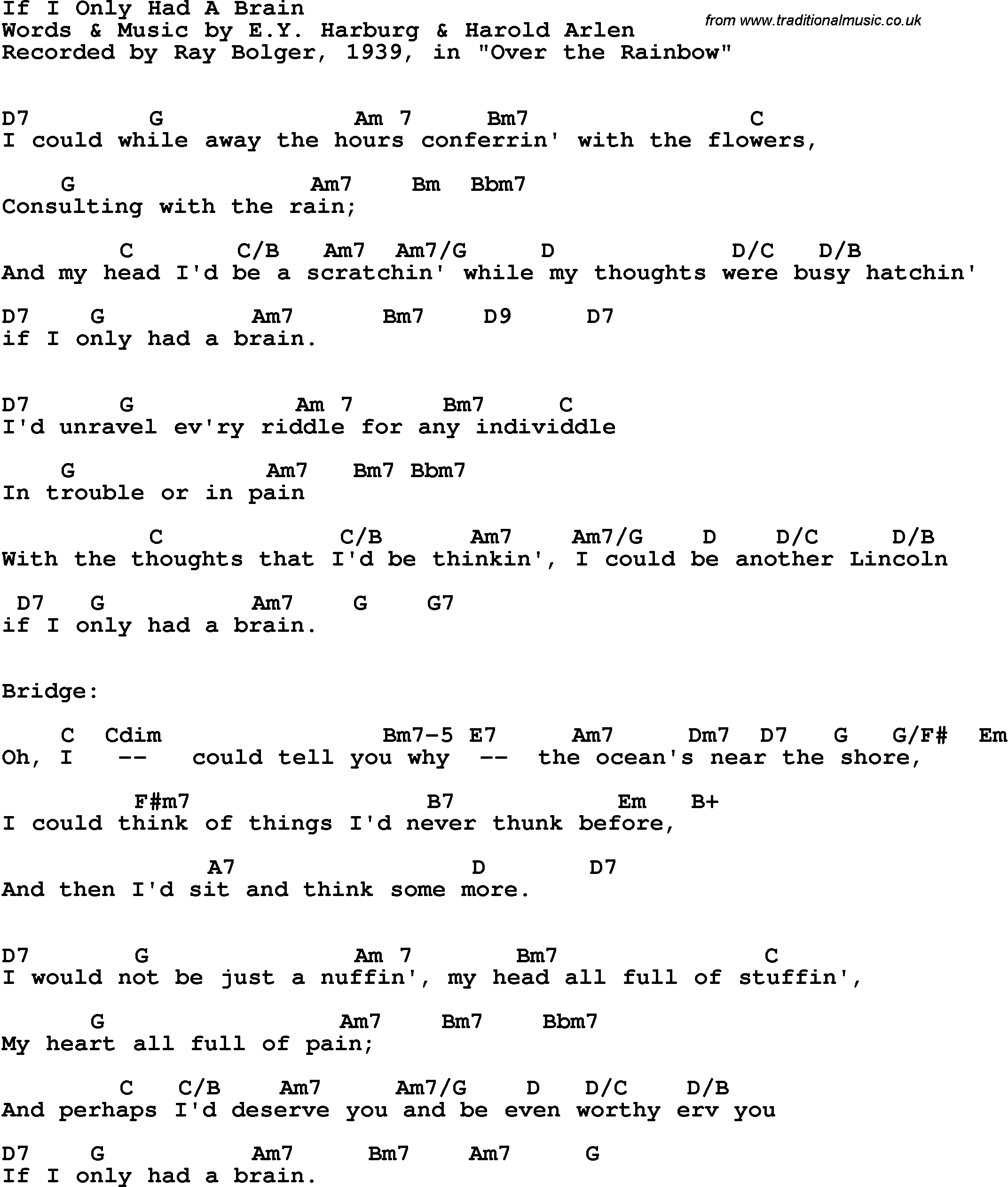Song Lyrics with guitar chords for If I Only Had A Brain - Ray Bolger, 1939