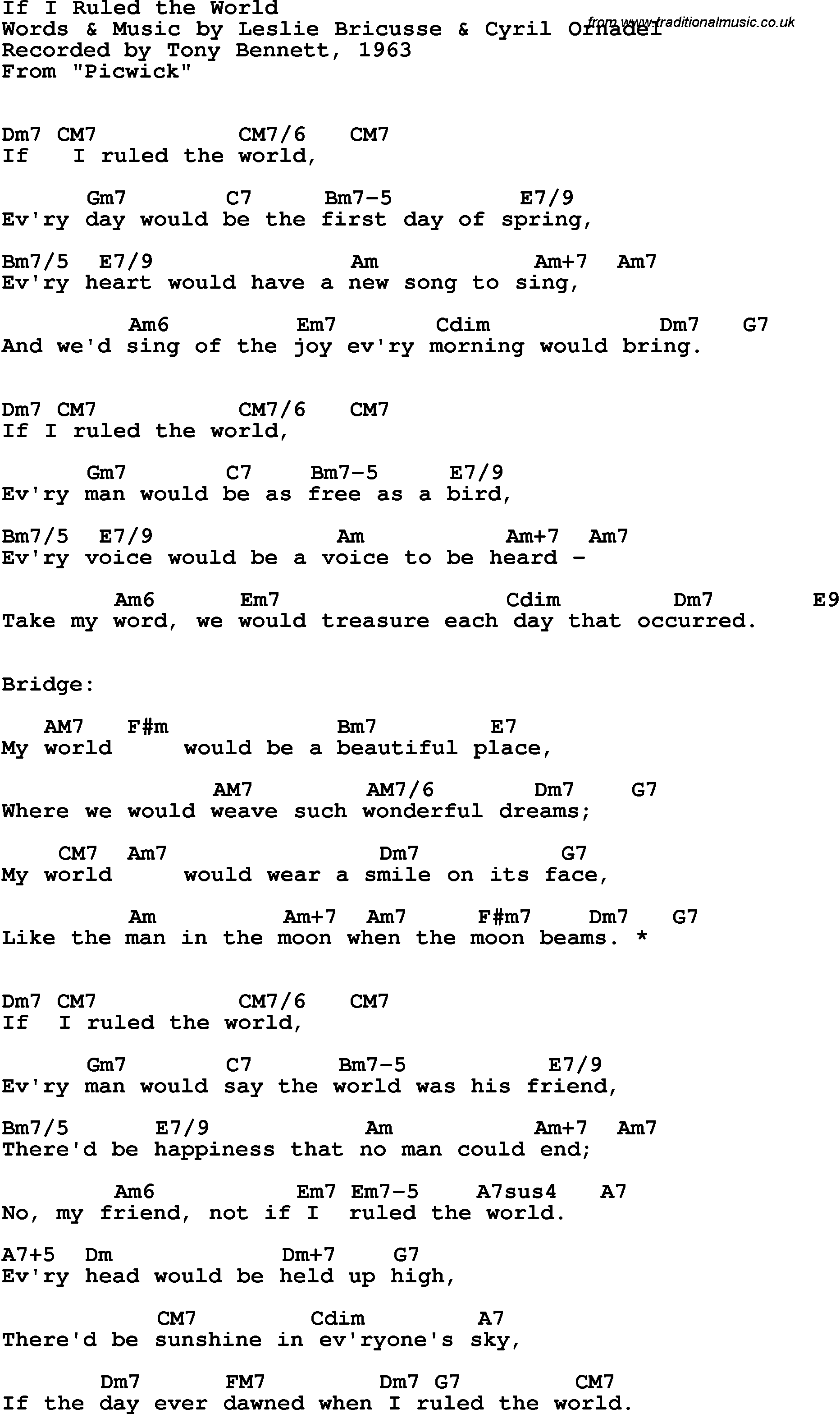 Song Lyrics with guitar chords for If I Ruled The World - Tony Bennett, 1963