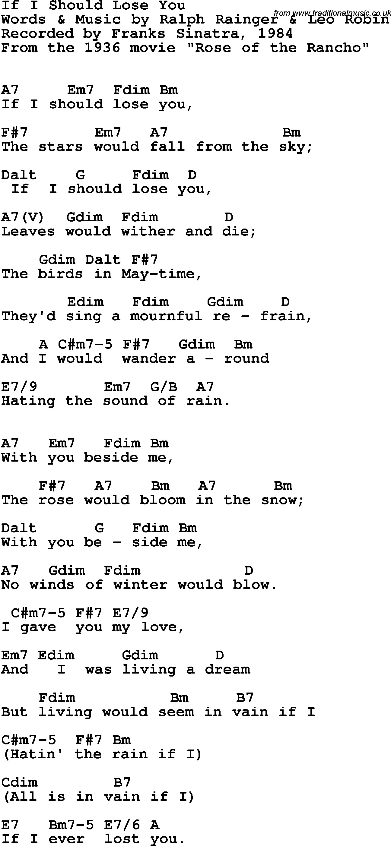 Song Lyrics with guitar chords for If I Should Lose You - Frank Sinatra, 1984