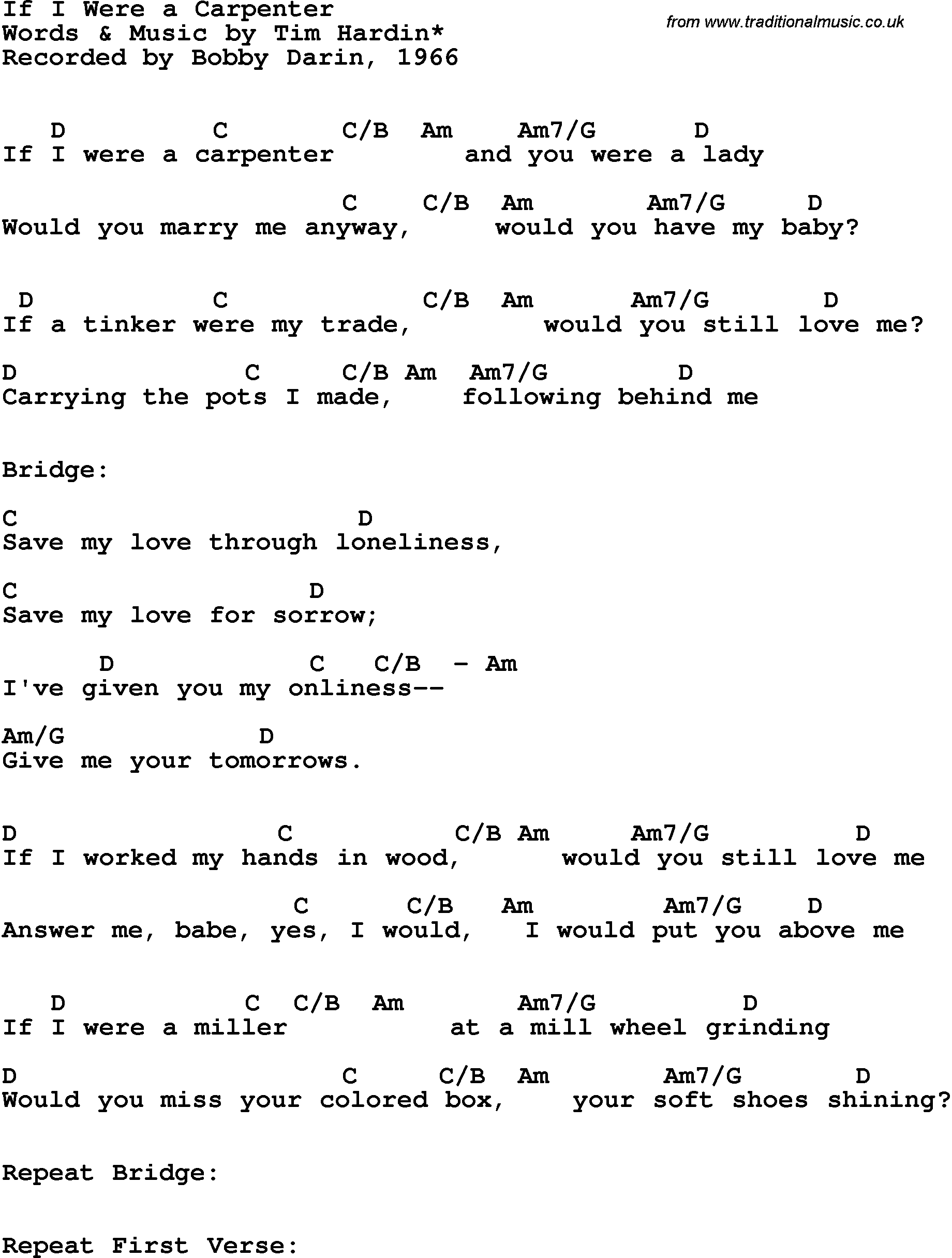 Song Lyrics with guitar chords for If I Were A Carpenter - Bobby Darin, 1966
