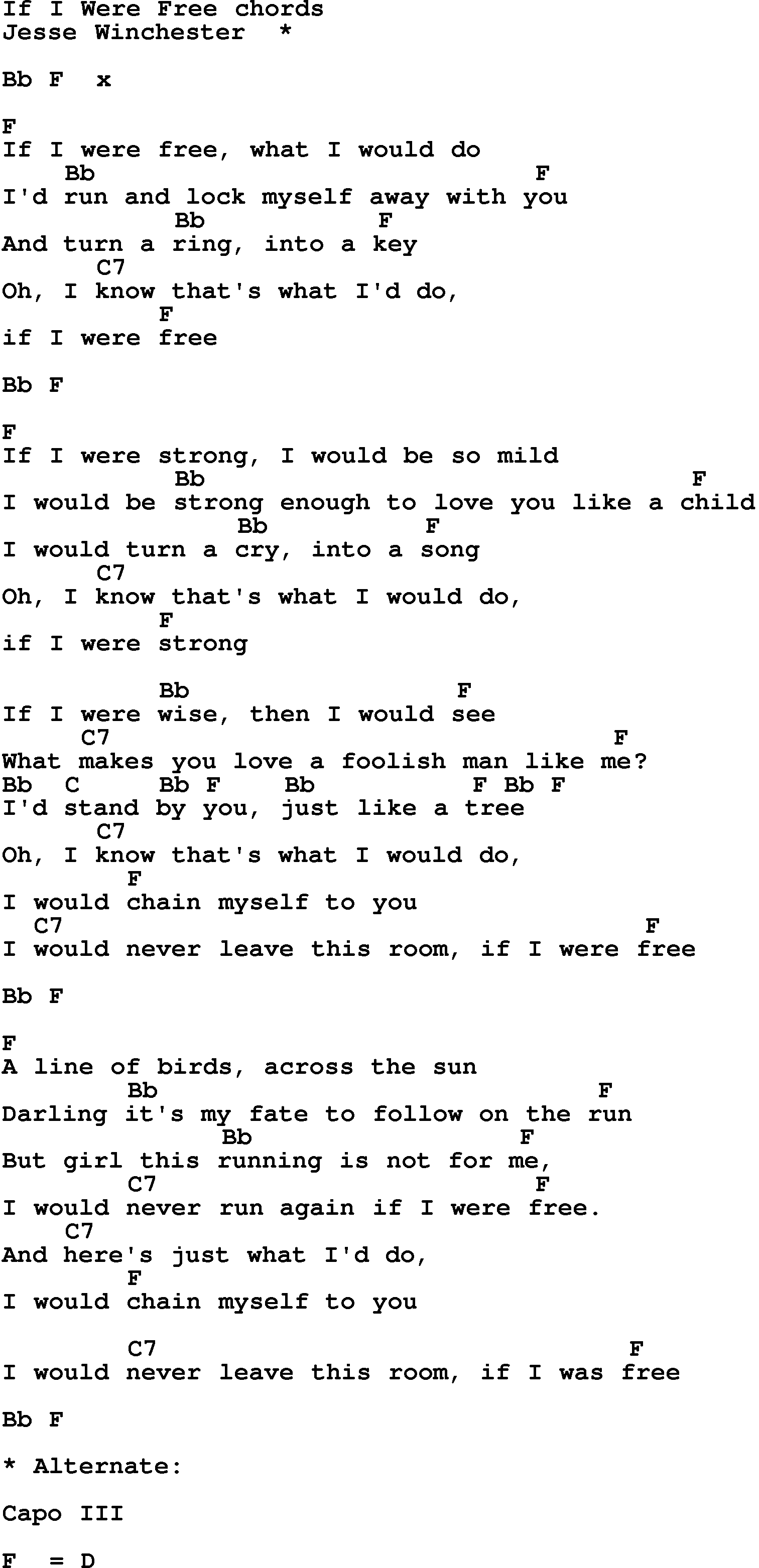 Song Lyrics with guitar chords for If I Were Free