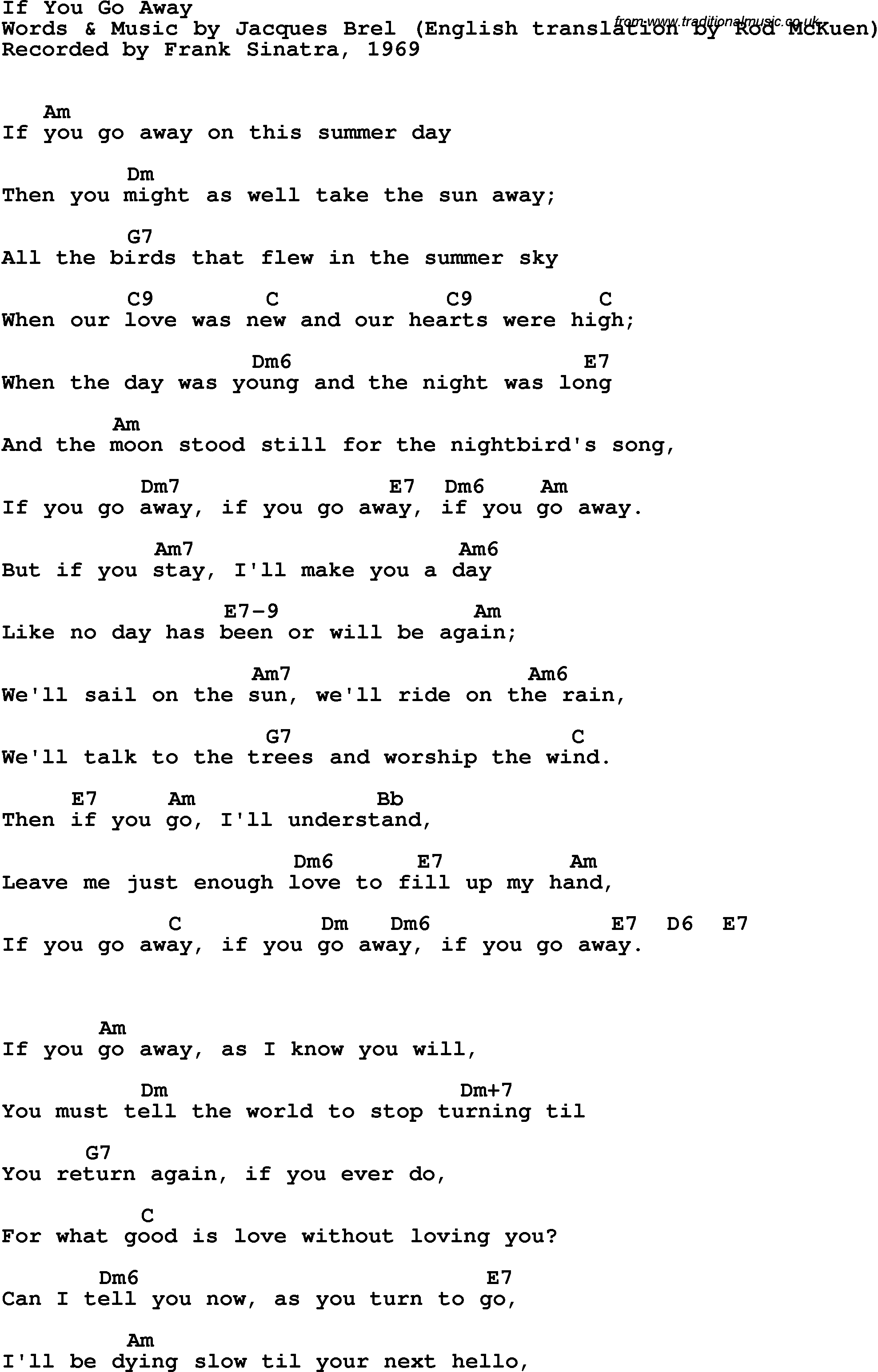 Song Lyrics with guitar chords for If You Go Away - Frank Sinatra, 1969