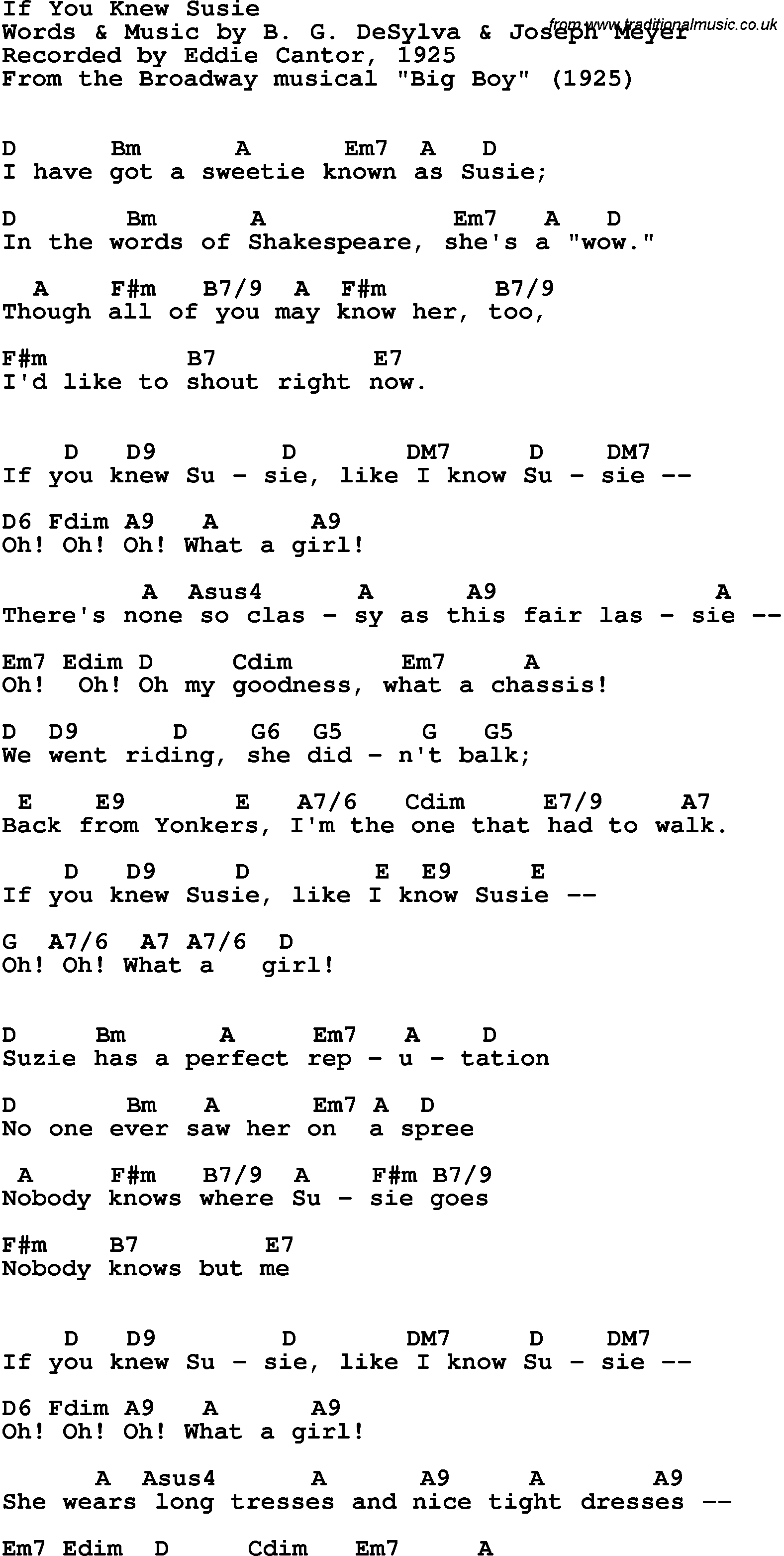 Song Lyrics with guitar chords for If You Knew Susie - Eddie Cantor, 1925