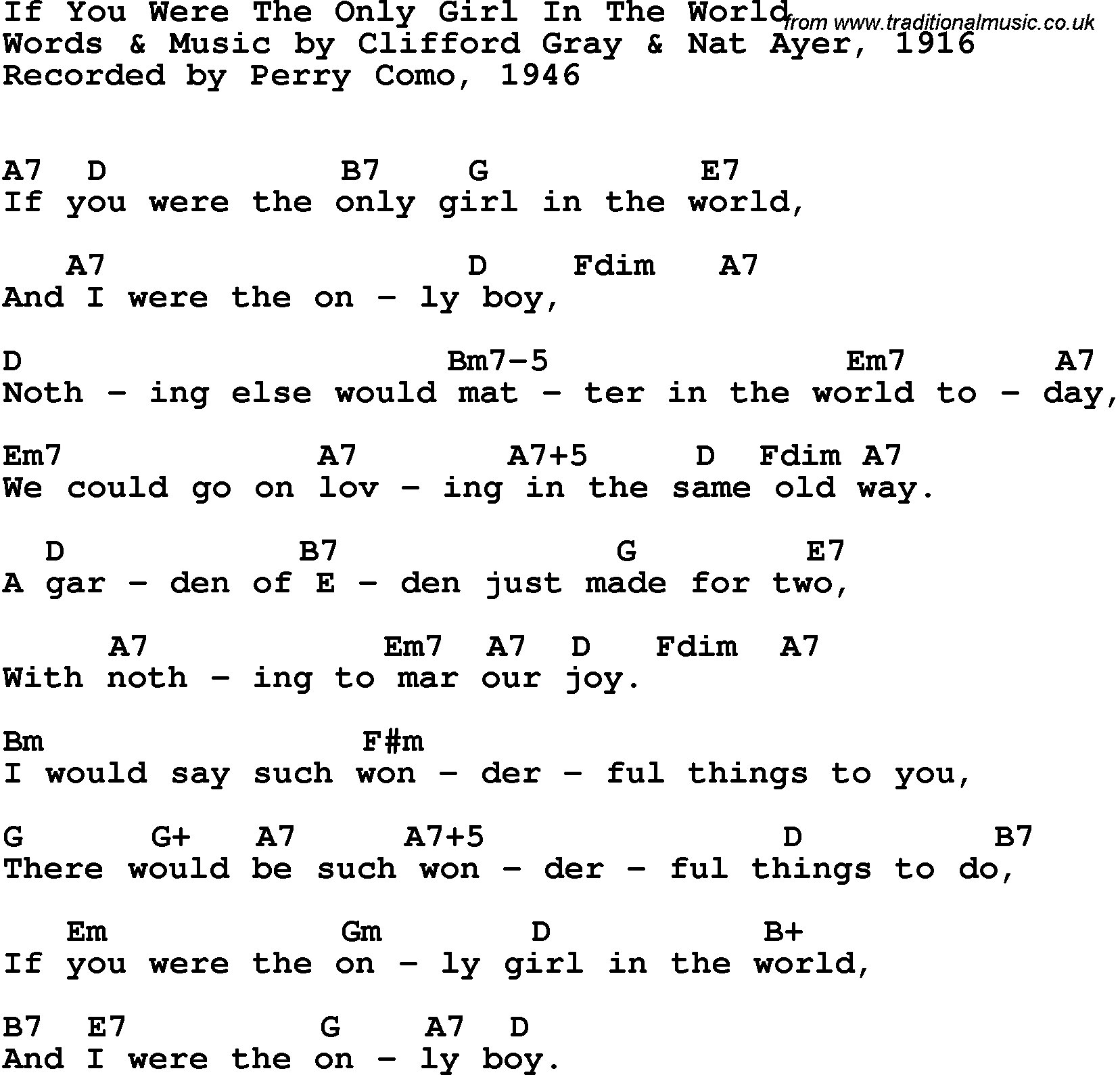 Song Lyrics with guitar chords for If You Were The Only Girl - Perry Como, 1946