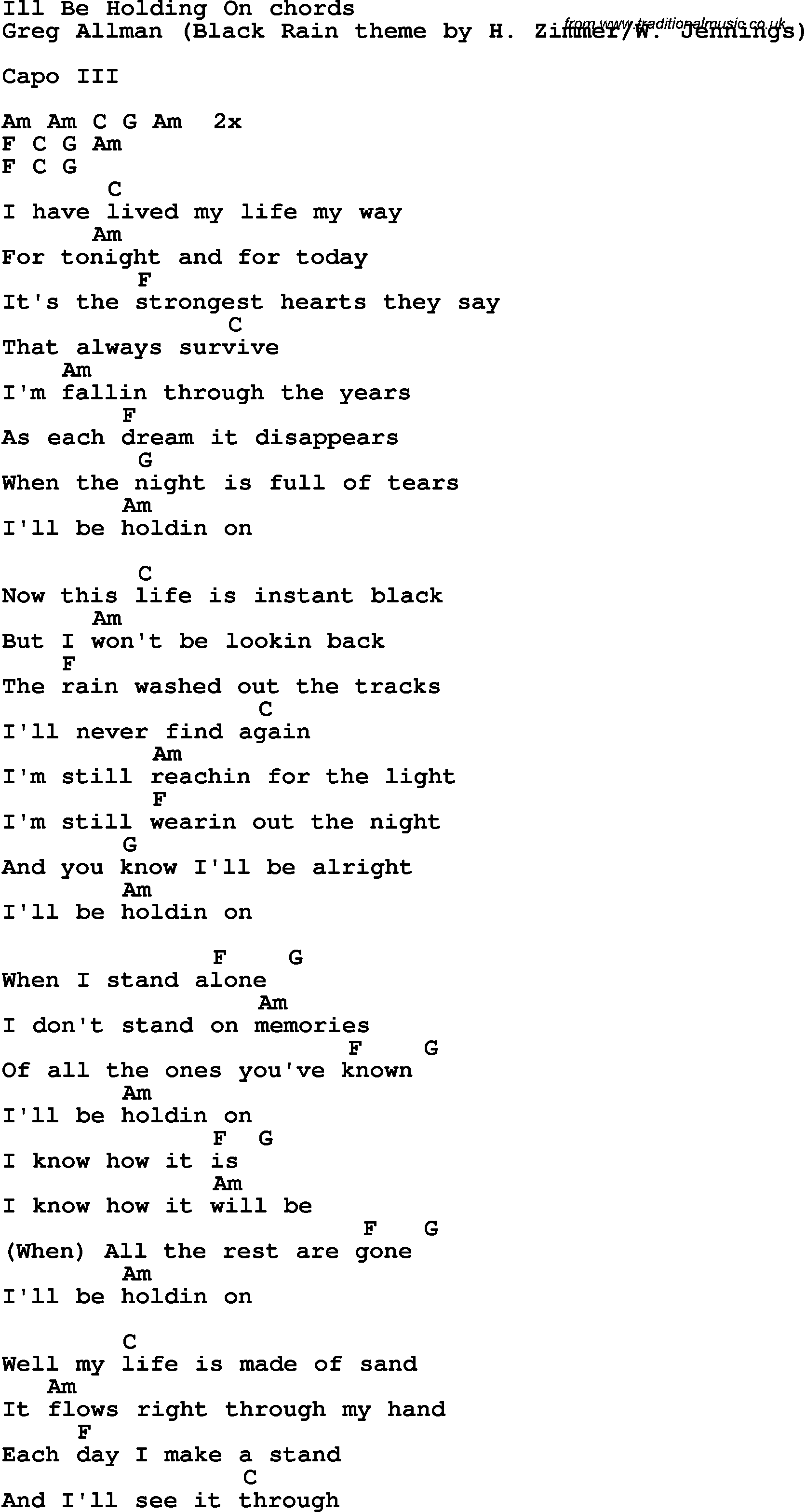 Song Lyrics with guitar chords for I'll Be Holding On