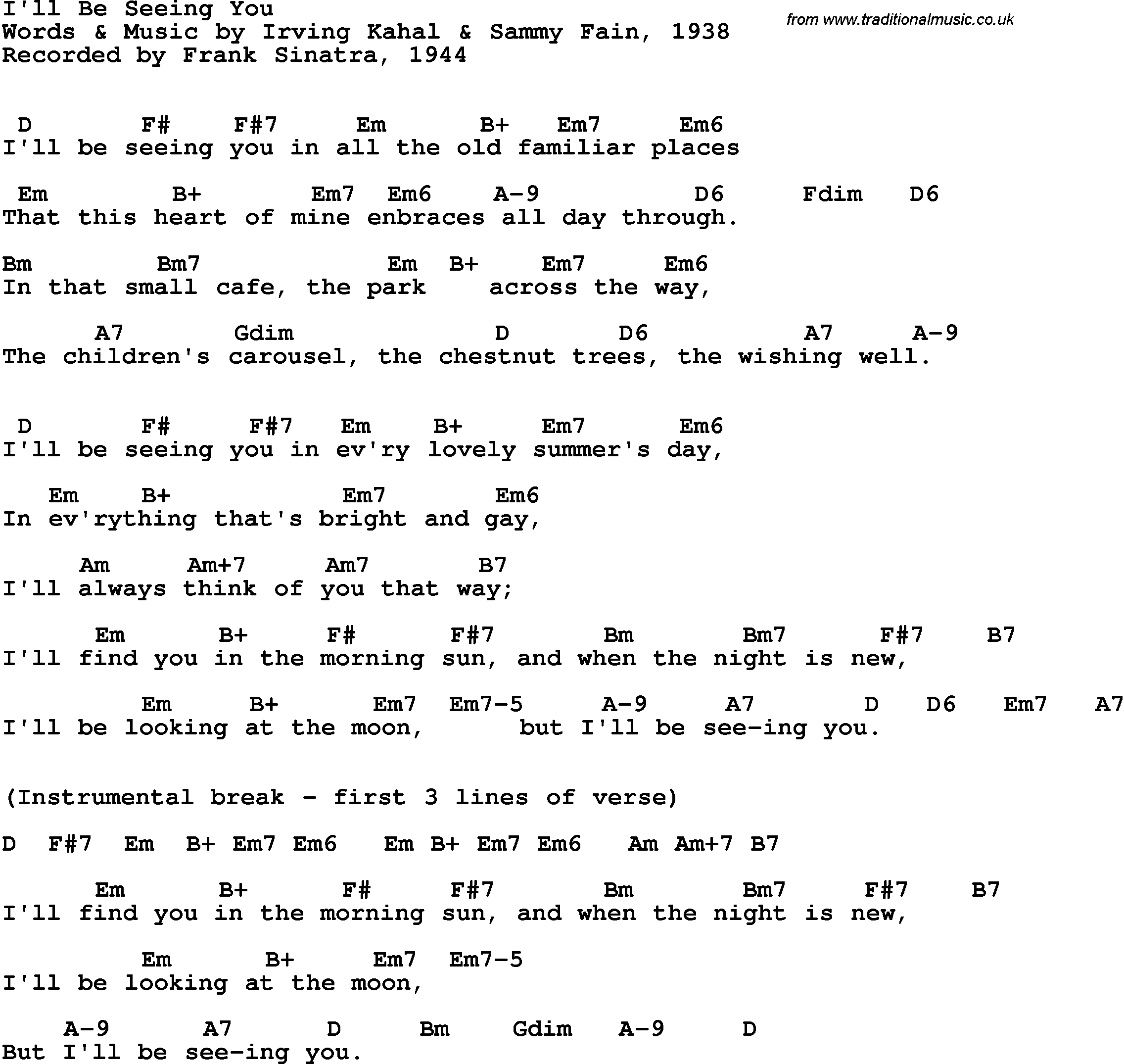 Song Lyrics with guitar chords for I'll Be Seeing You - Frank Sinatra, 1961
