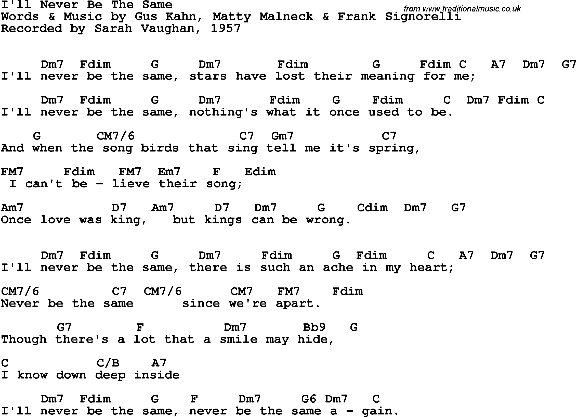 Song Lyrics with guitar chords for I'll Never Be The Same - Sarah Vaughan, 1957