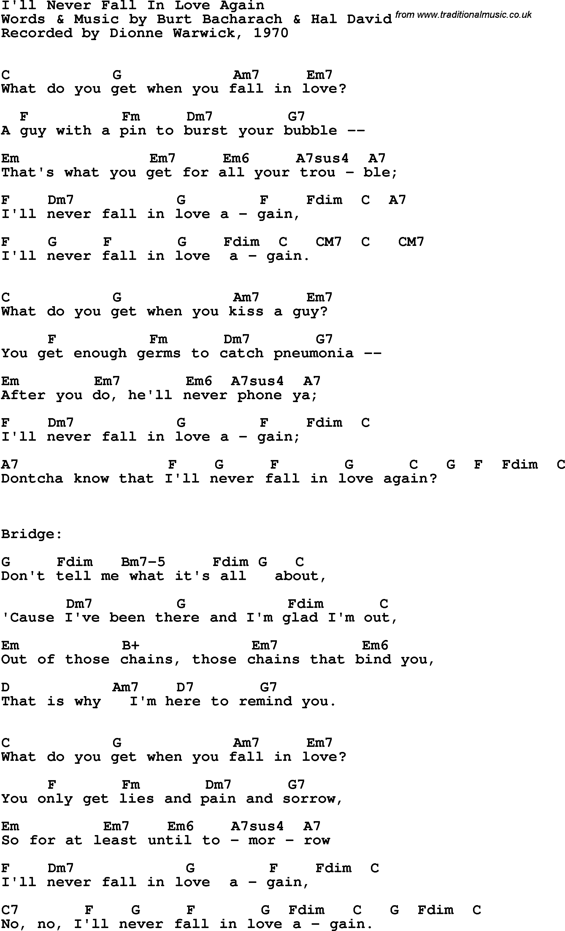 Song Lyrics with guitar chords for I'll Never Fall In Love Again - Dionne Warwick, 1970