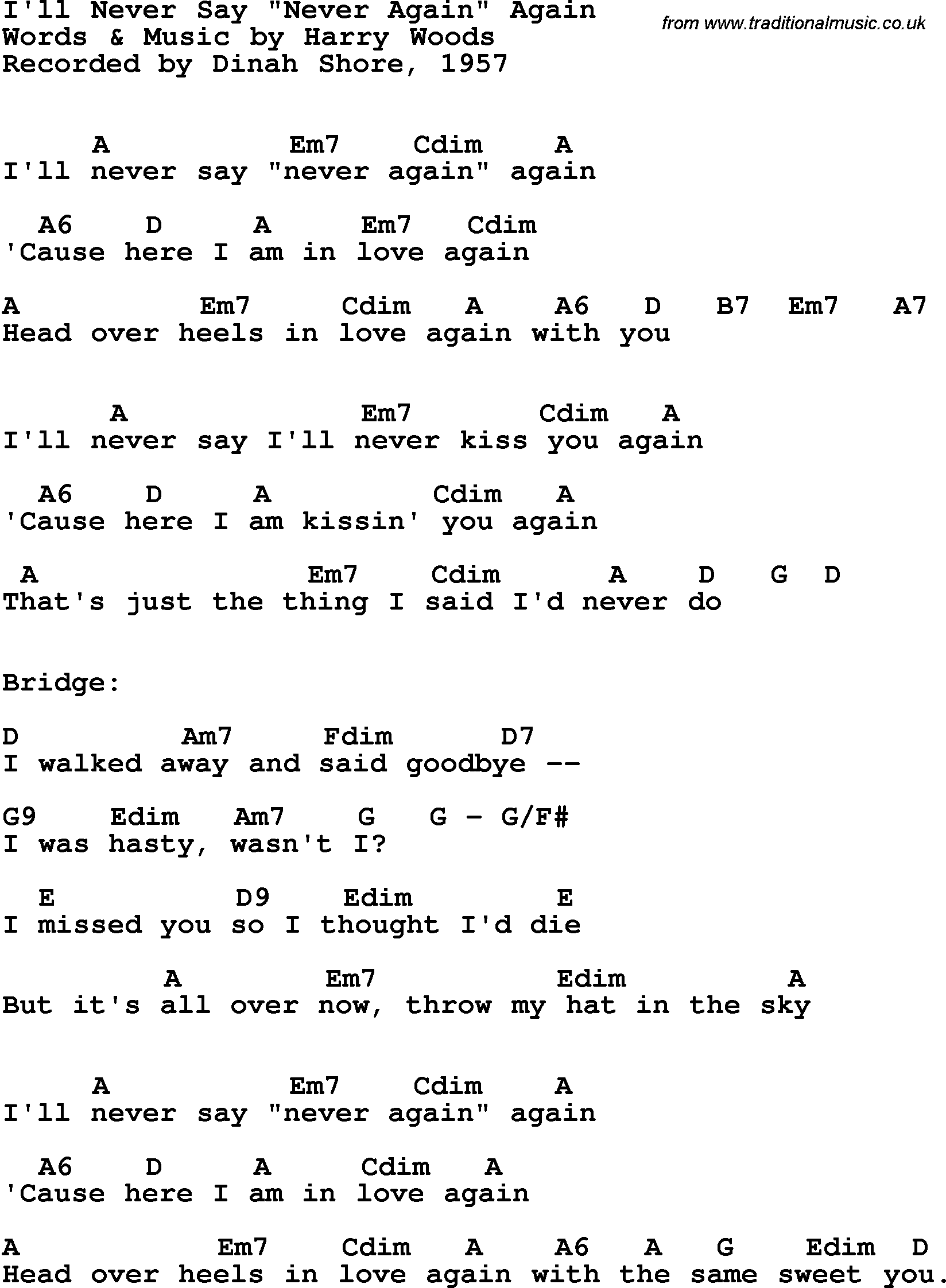 Song Lyrics with guitar chords for I'll Never Say Never Again Again - Dinah Shore, 1957