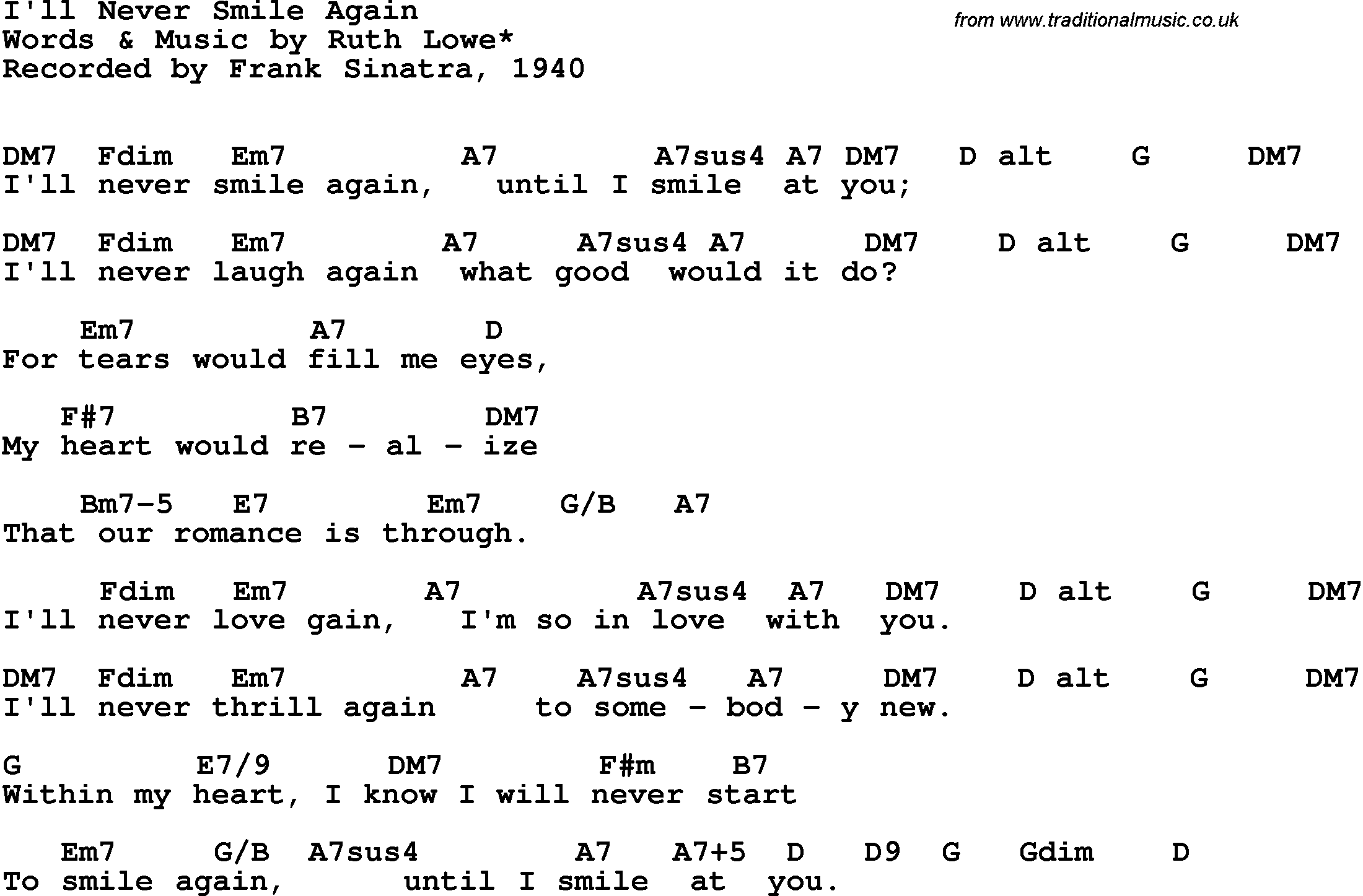 Song Lyrics with guitar chords for I'll Never Smile Again - Frank Sinatra, 1940