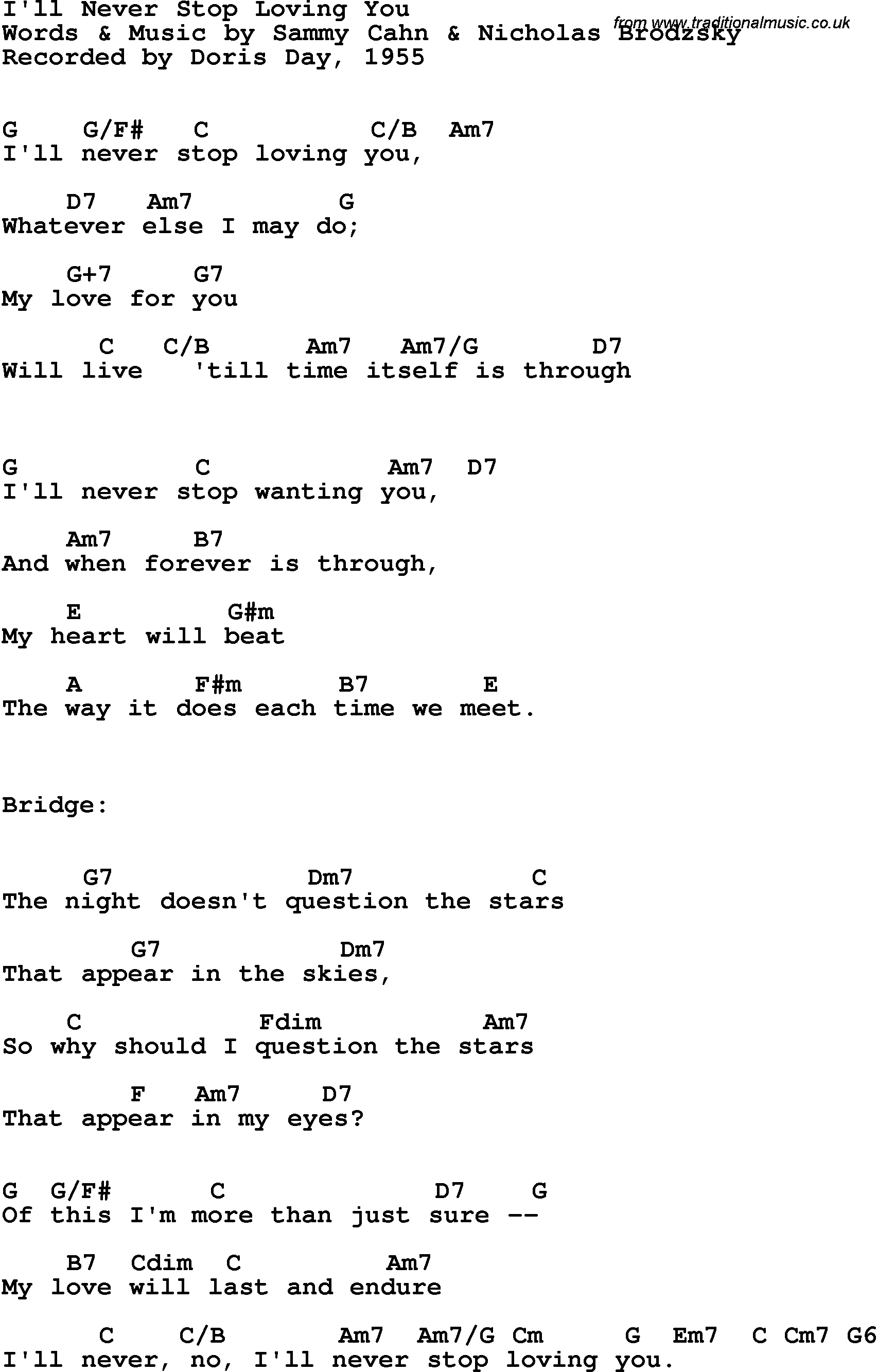 Song Lyrics with guitar chords for I'll Never Stop Loving You - Doris Day, 1955