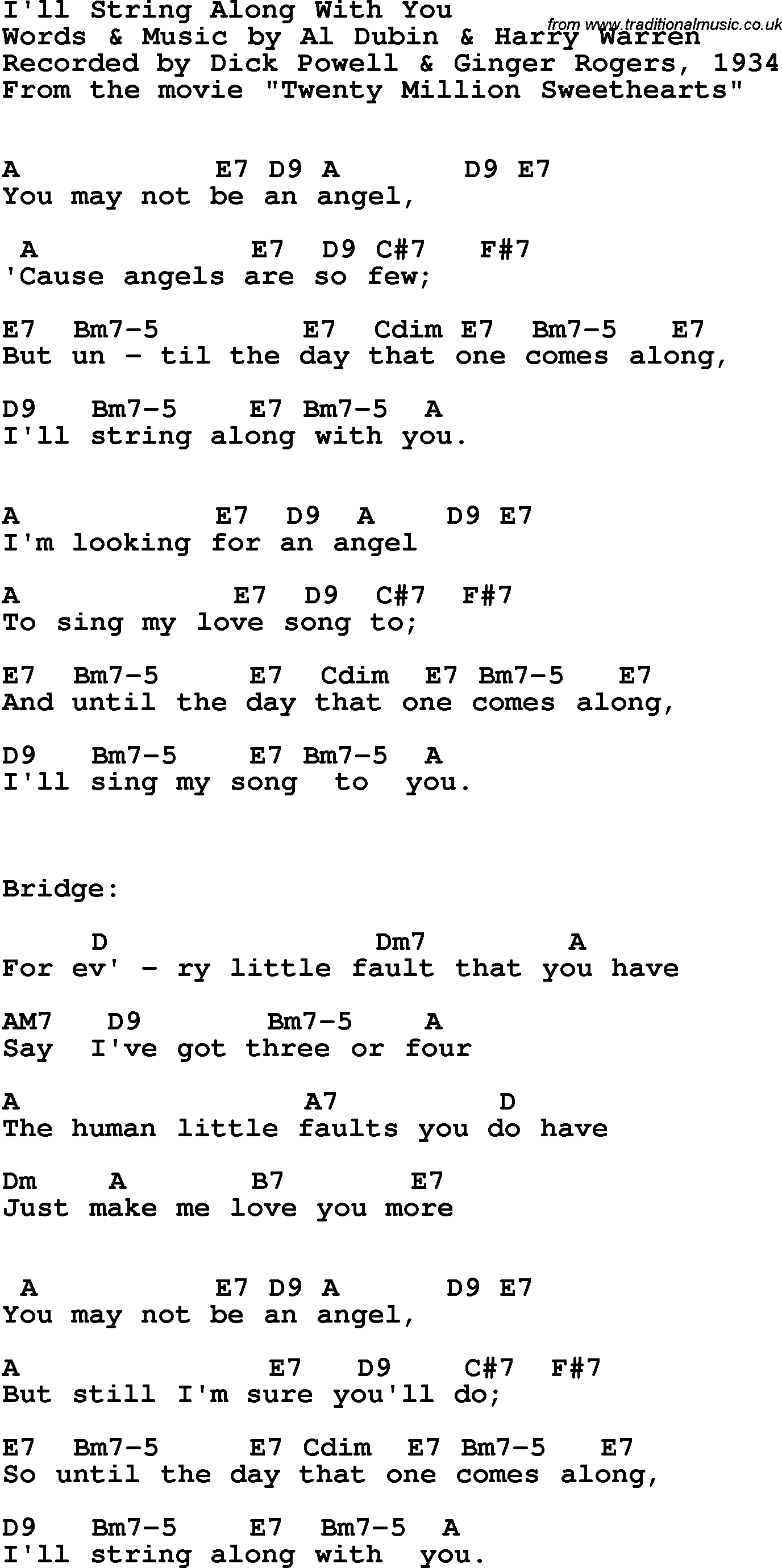 Song Lyrics with guitar chords for I'll String Along With You - Dick Powell & Ginger Rogers, 1934