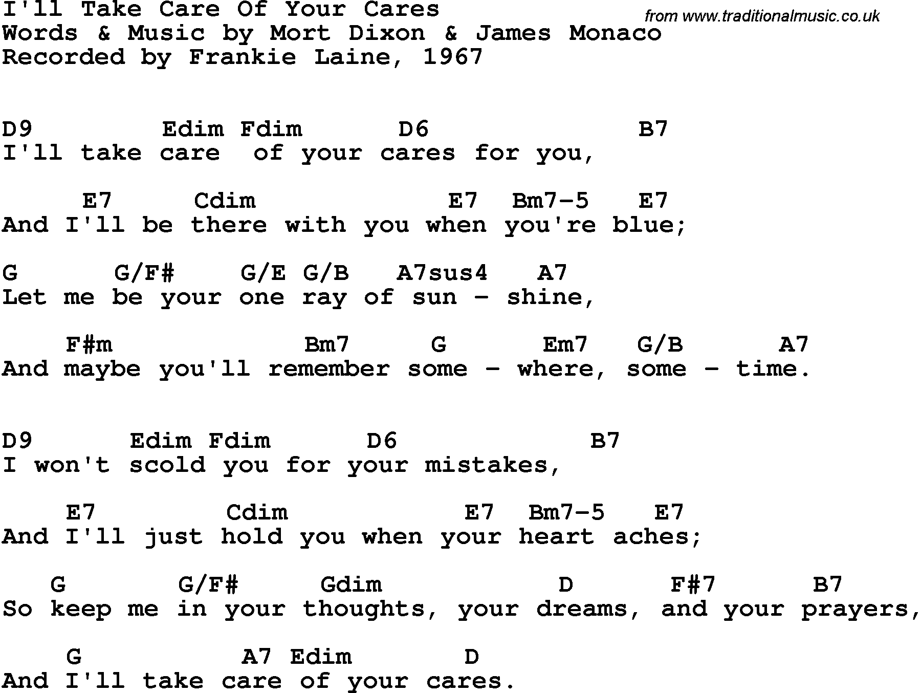 Song Lyrics with guitar chords for I'll Take Care Of Your Cares - Frankie Laine, 1967