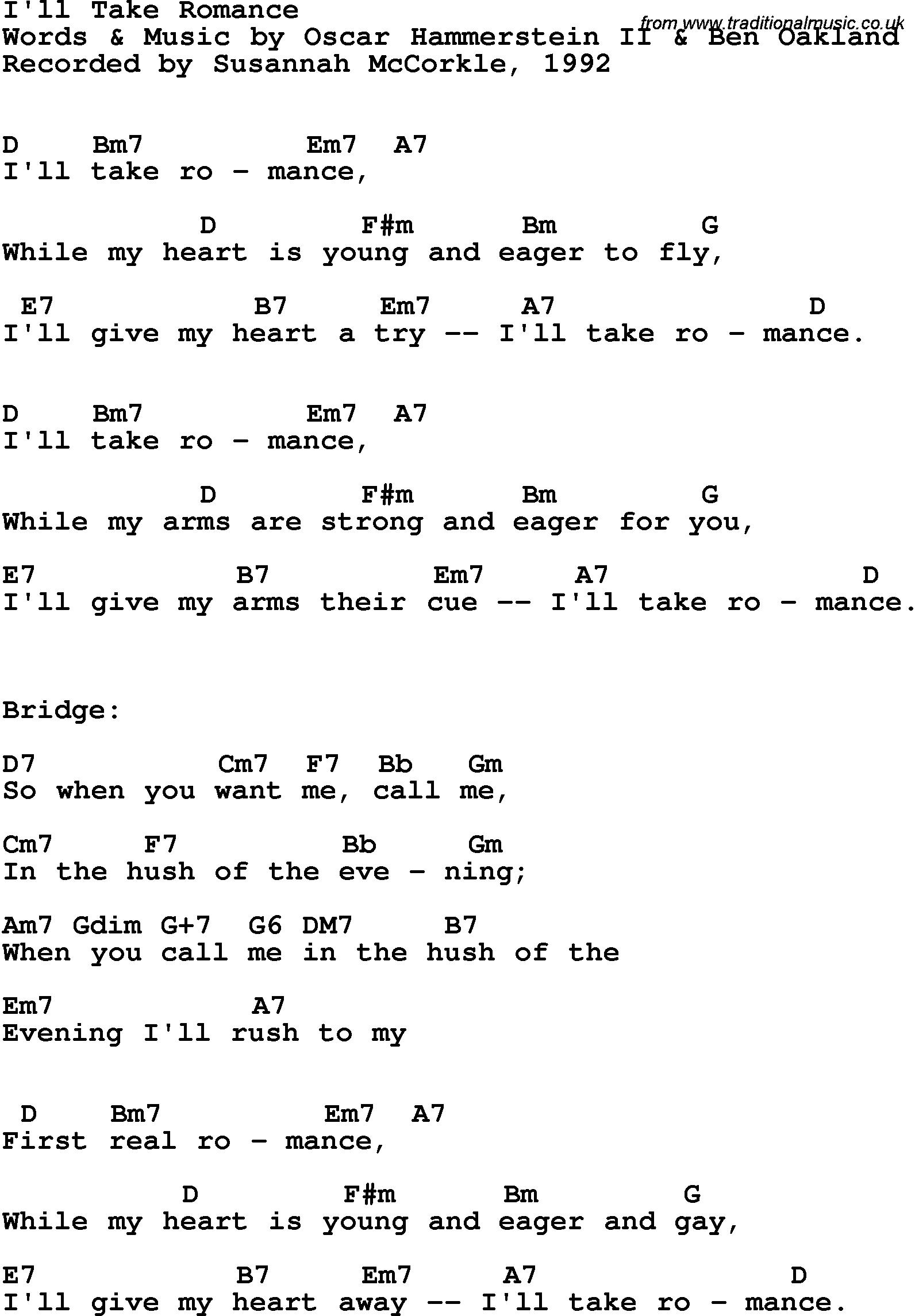 Song Lyrics with guitar chords for I'll Take Romance - Susannah McCorkle, 1992