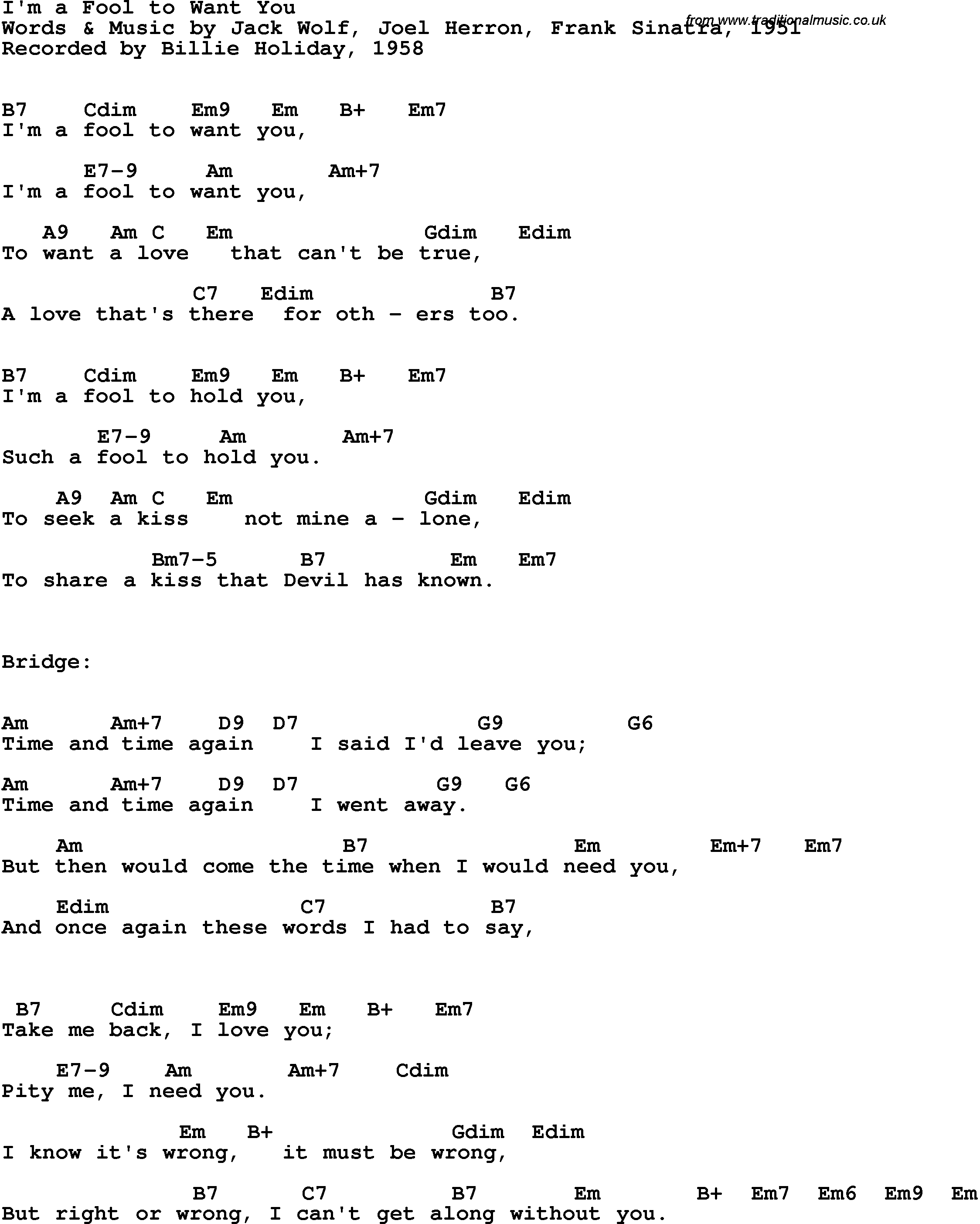 Song Lyrics with guitar chords for I'm A Fool To Want You - Billie Holiday, 1958