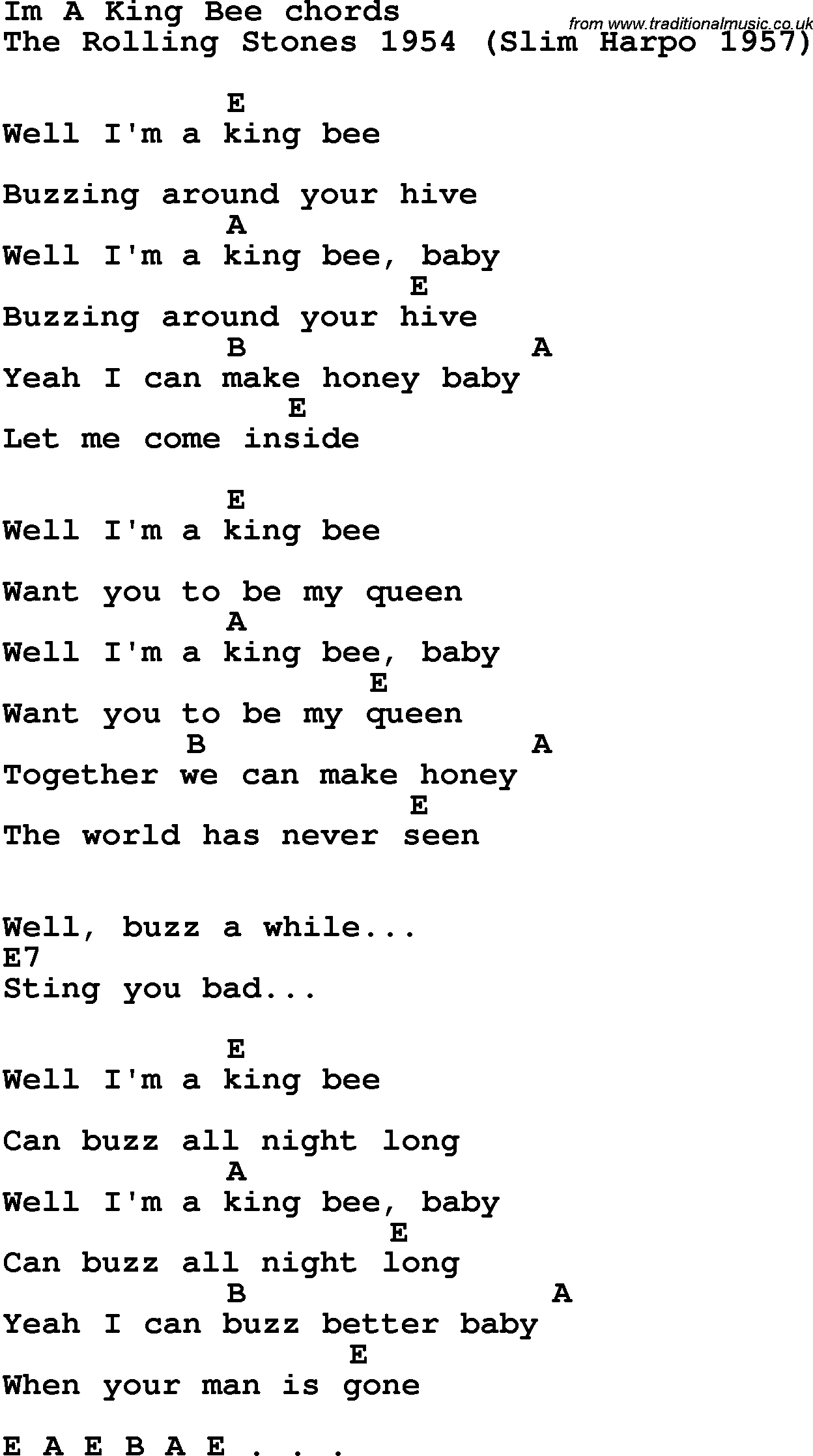 Song Lyrics with guitar chords for Im A King Bee