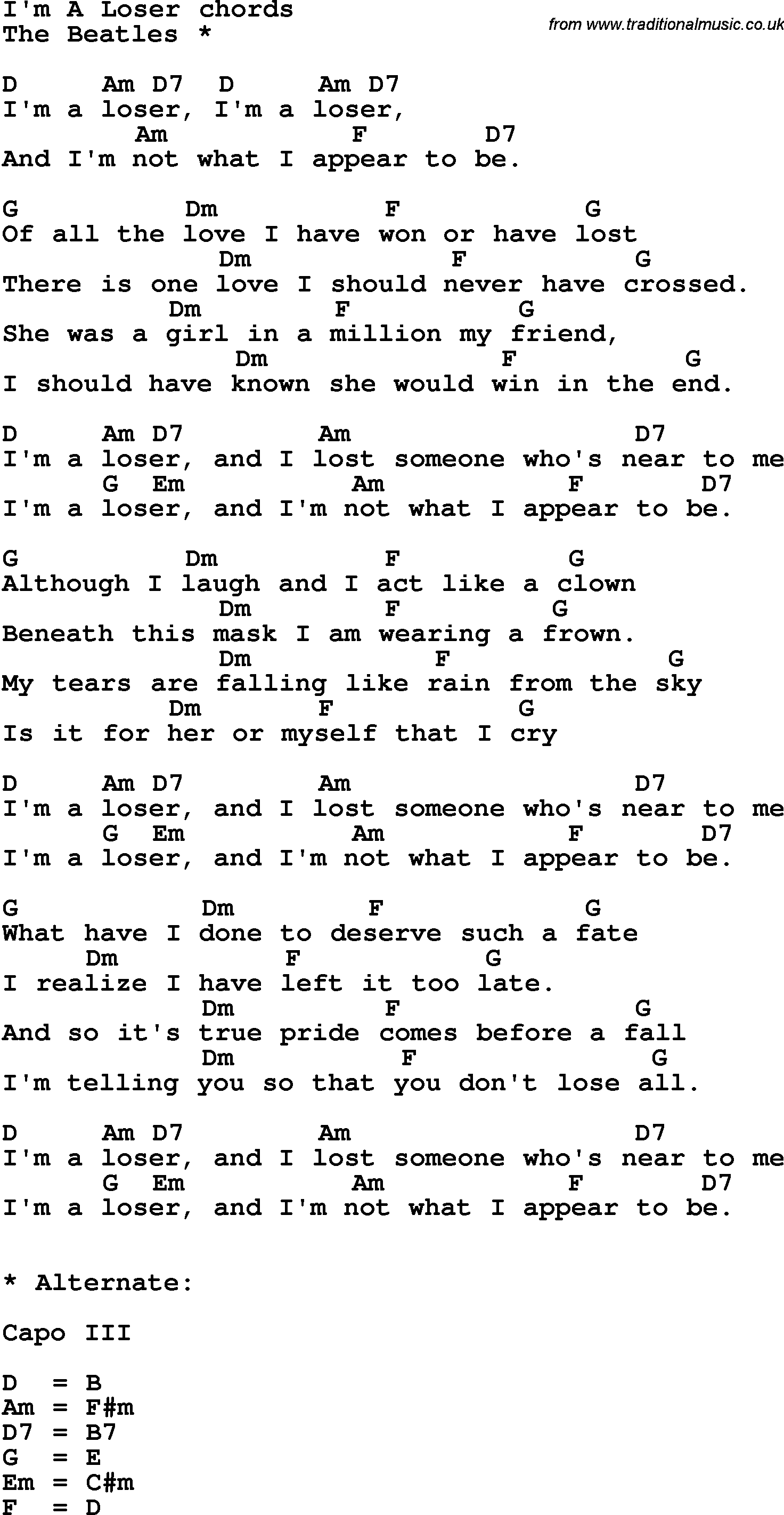 Song Lyrics with guitar chords for I'm A Loser - The Beatles