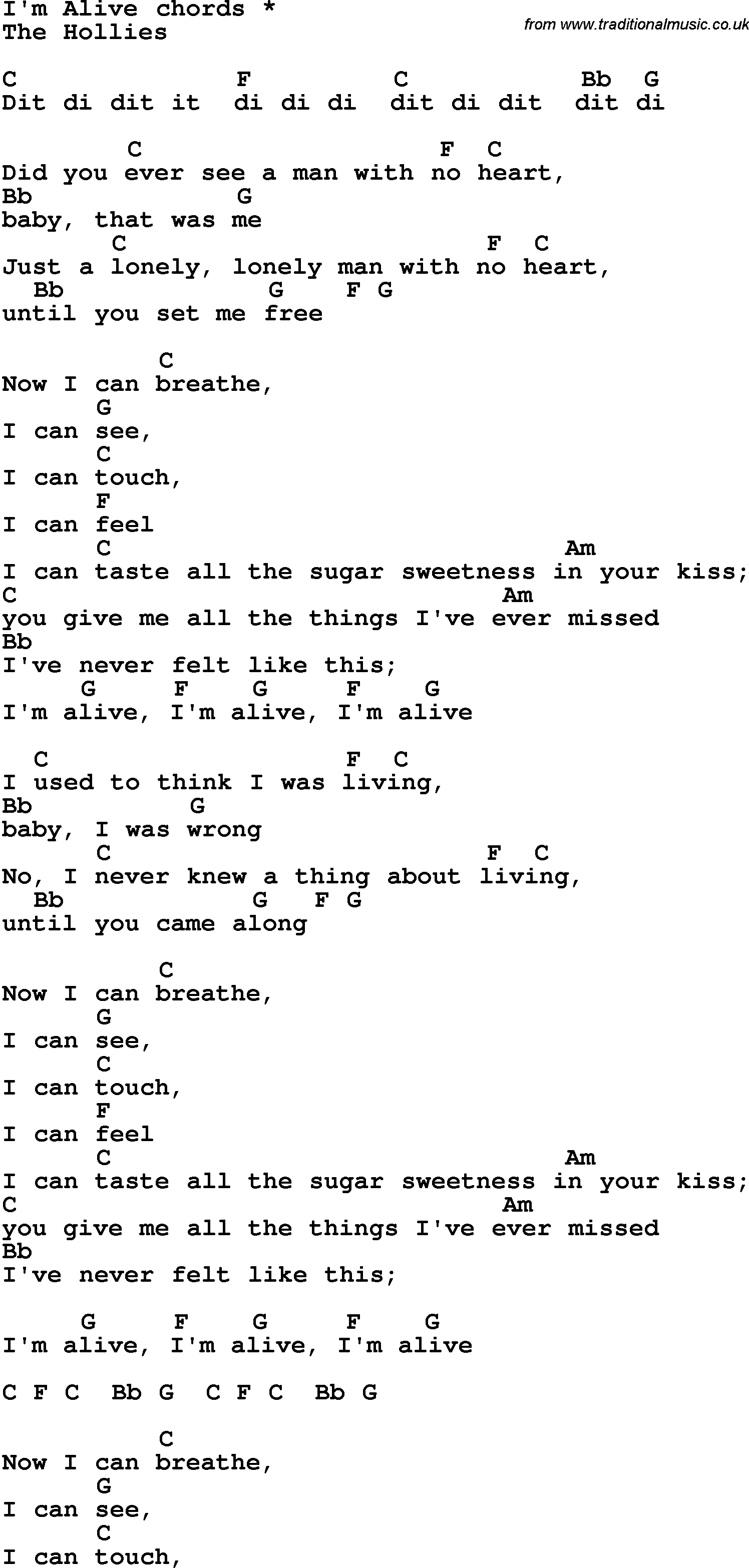 Song Lyrics with guitar chords for I'm Alive
