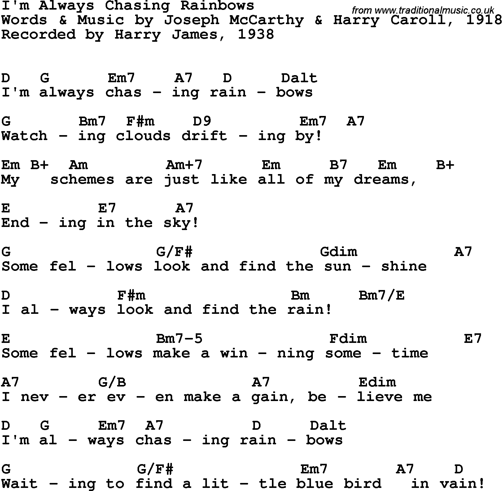 Song Lyrics with guitar chords for I'm Always Chasing Rainbows - Harry James, 1938