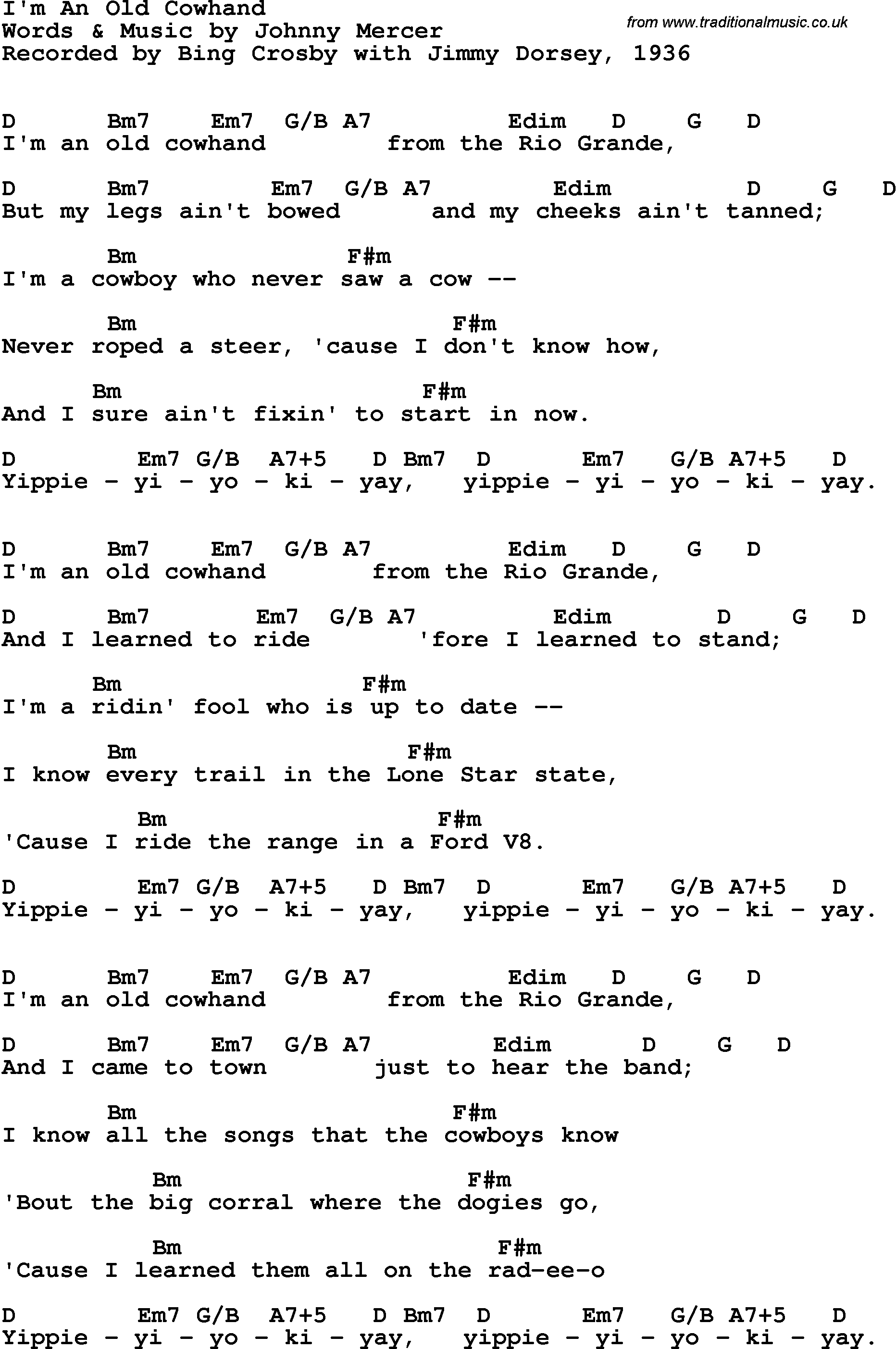 Song Lyrics with guitar chords for I'm An Old Cowhand - Bing Crosby, 1936