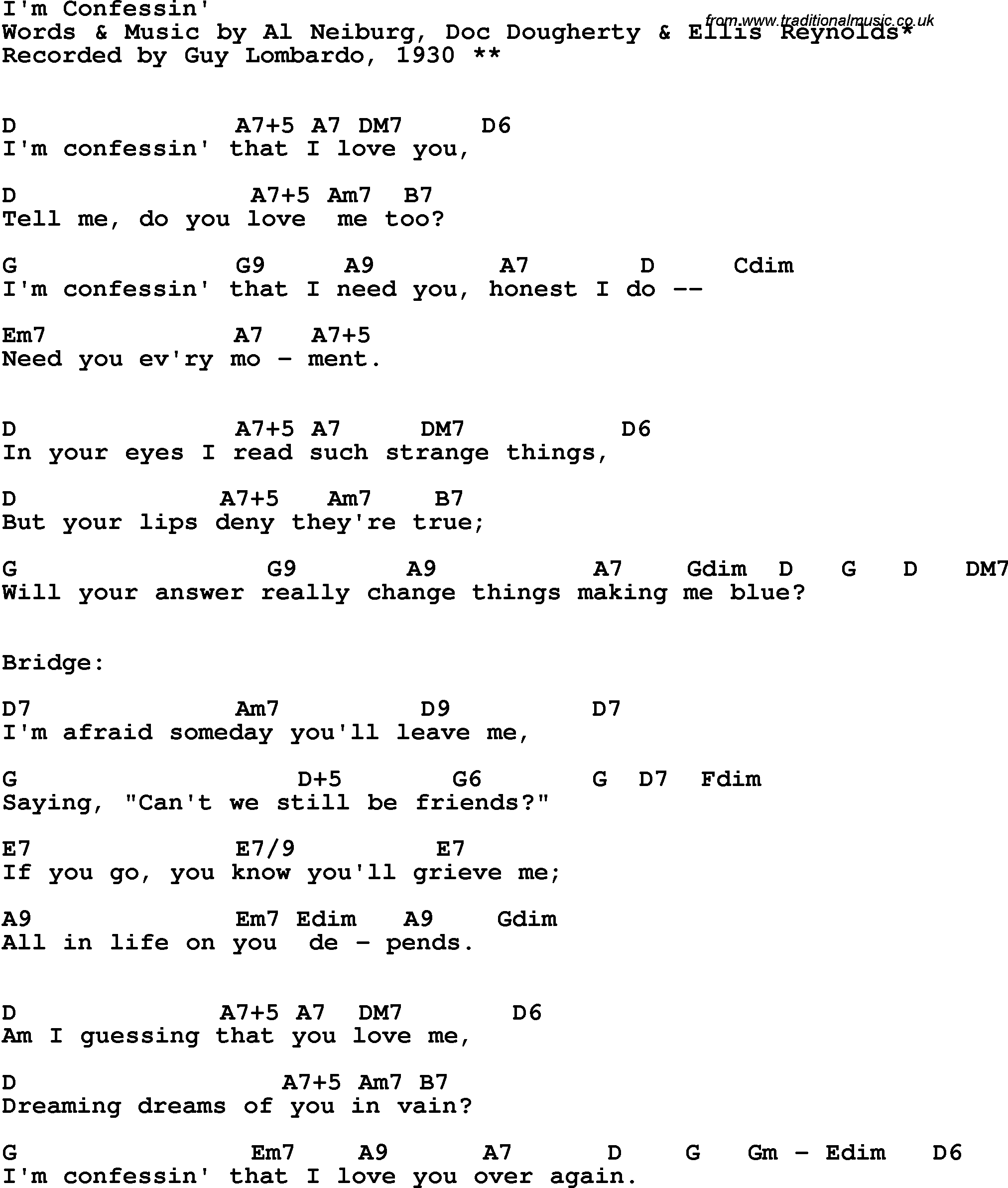 Song Lyrics with guitar chords for I'm Confessin'  - Guy Lombardo, 1930