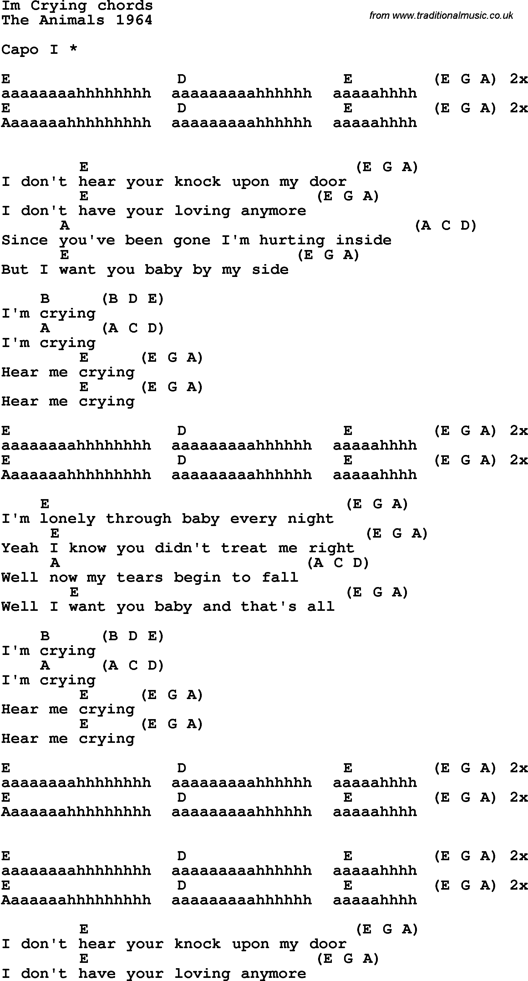 Song Lyrics with guitar chords for Im Crying