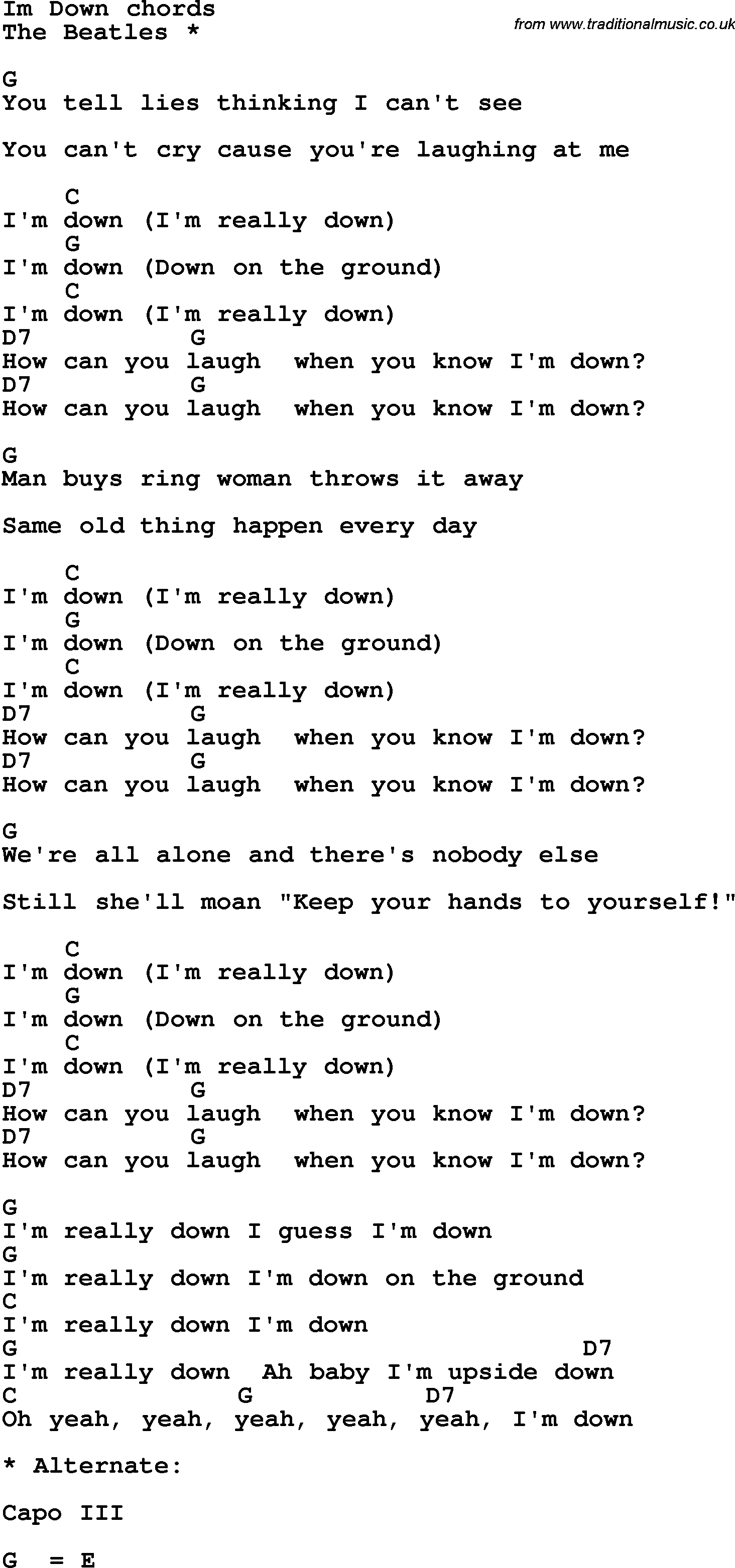 Song Lyrics with guitar chords for I'm Down - The Beatles