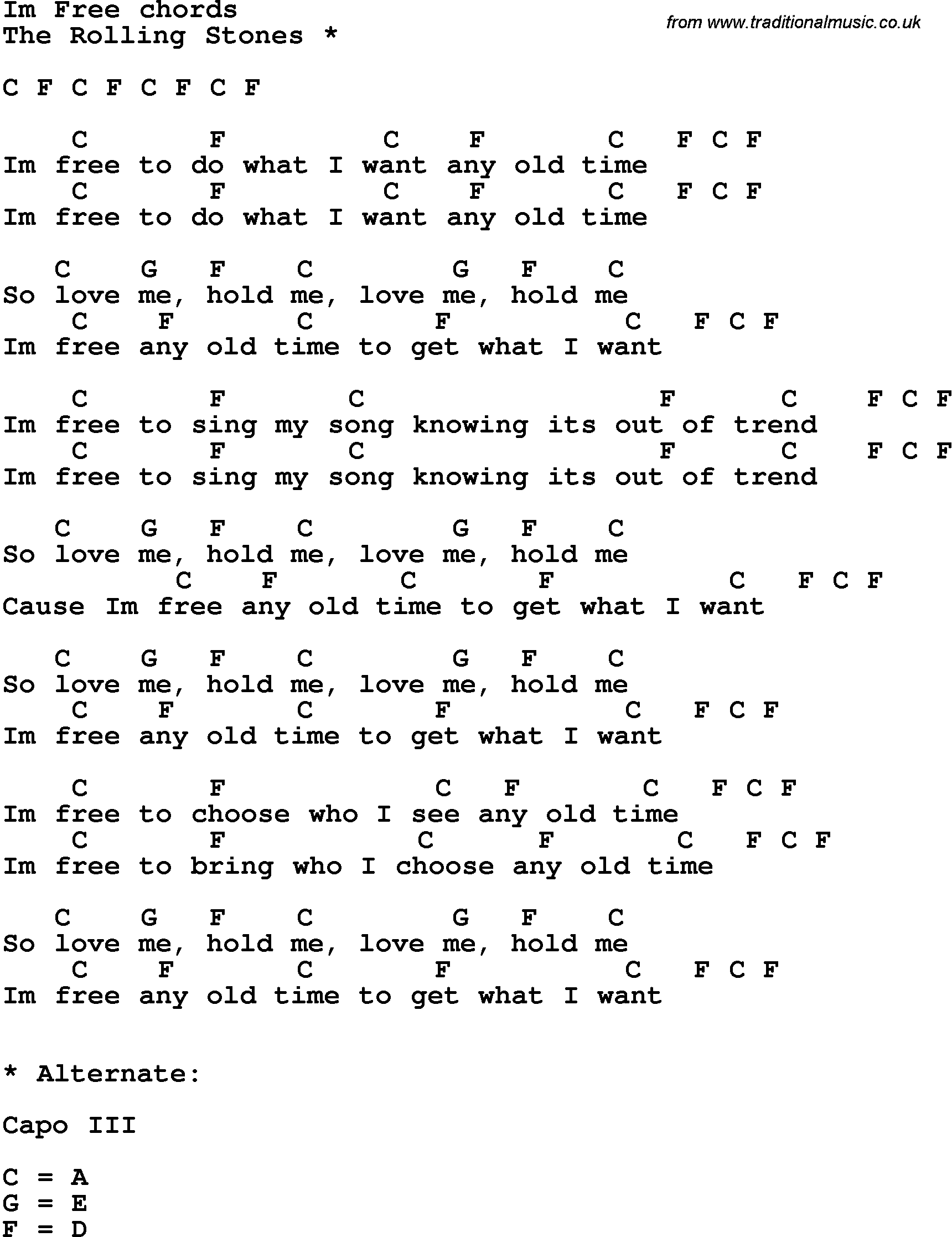 Song Lyrics with guitar chords for I'm Free
