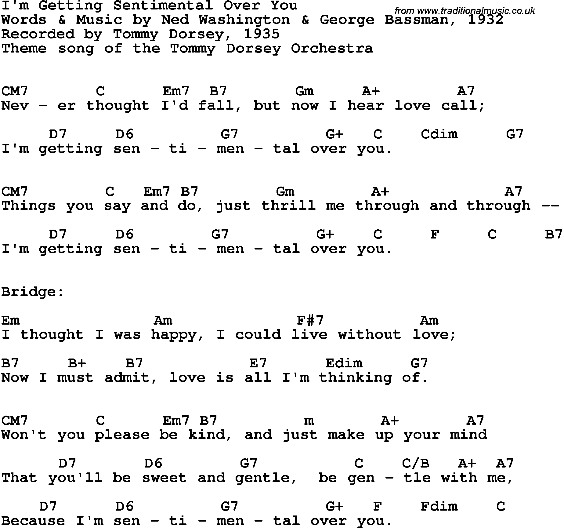 Song Lyrics with guitar chords for I'm Getting Sentimental Over You - Tommy Dorsey, 1935