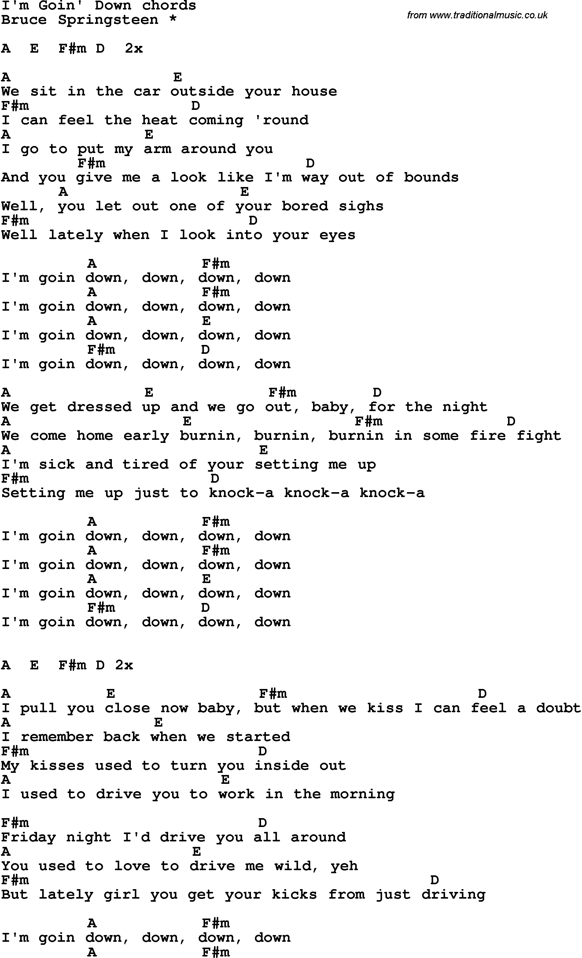 Song Lyrics with guitar chords for I'm Goin' Down