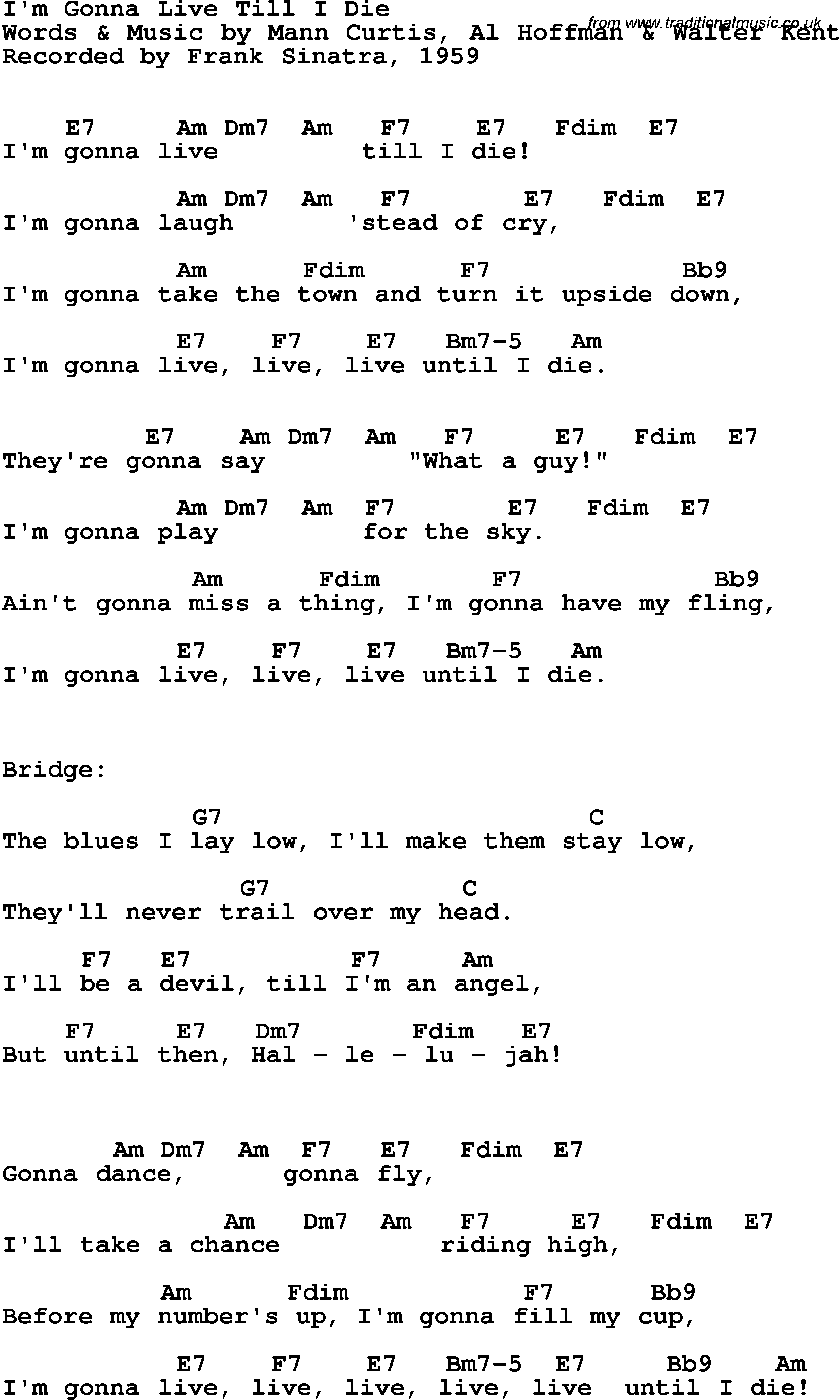 Song Lyrics with guitar chords for I'm Gonna Live Til I Die - Frank Sinatra, 1959
