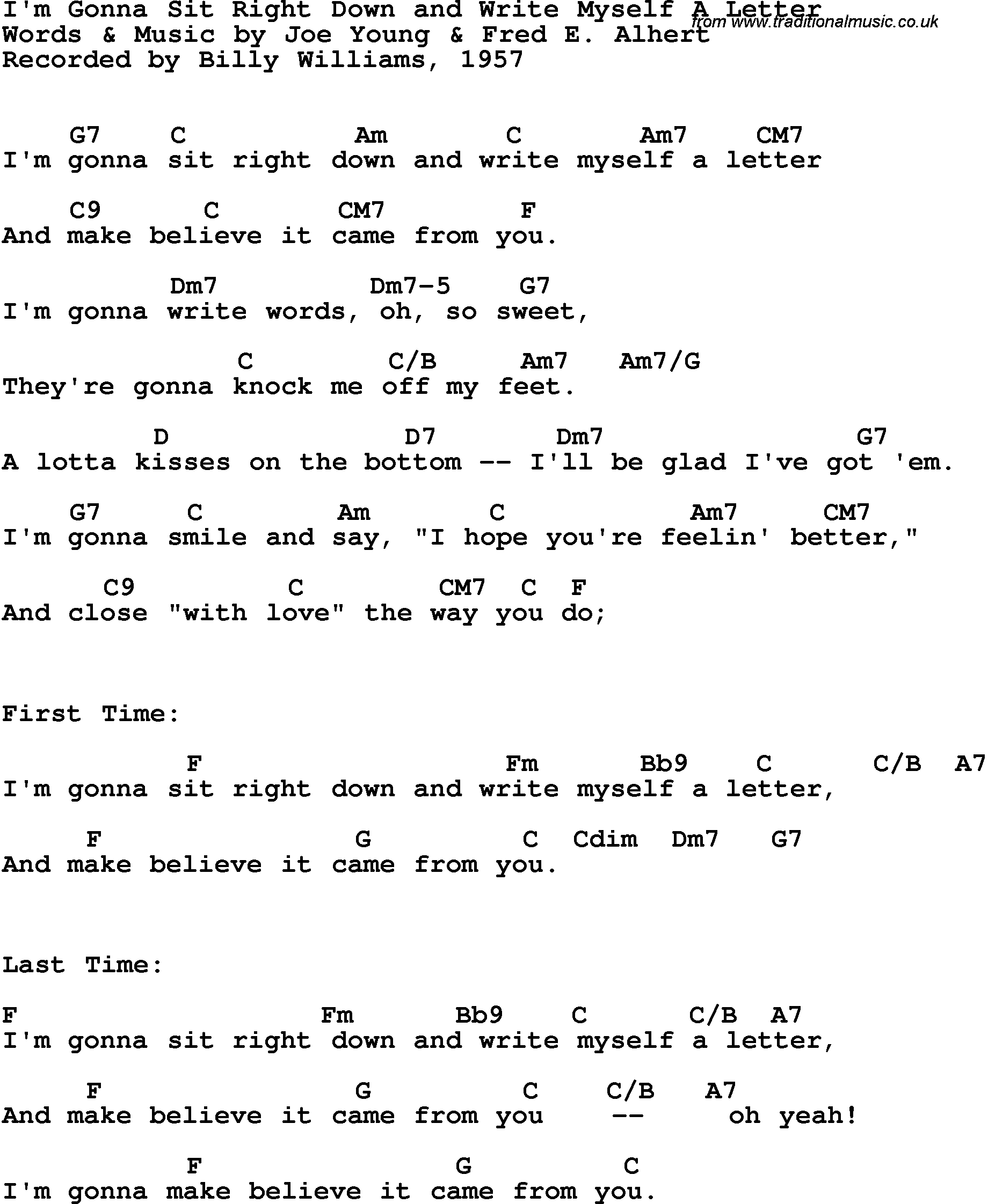 Song Lyrics with guitar chords for I'm Gonna Sit Right Down And Write Myself A Letter - Billy Williams, 1957