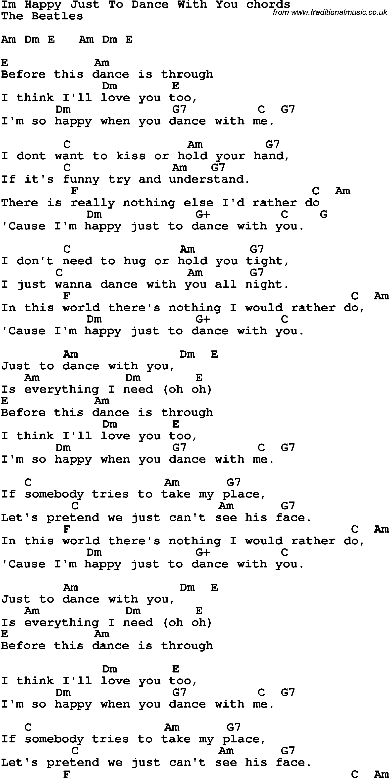 Song Lyrics with guitar chords for I'm Happy Just To Dance With You