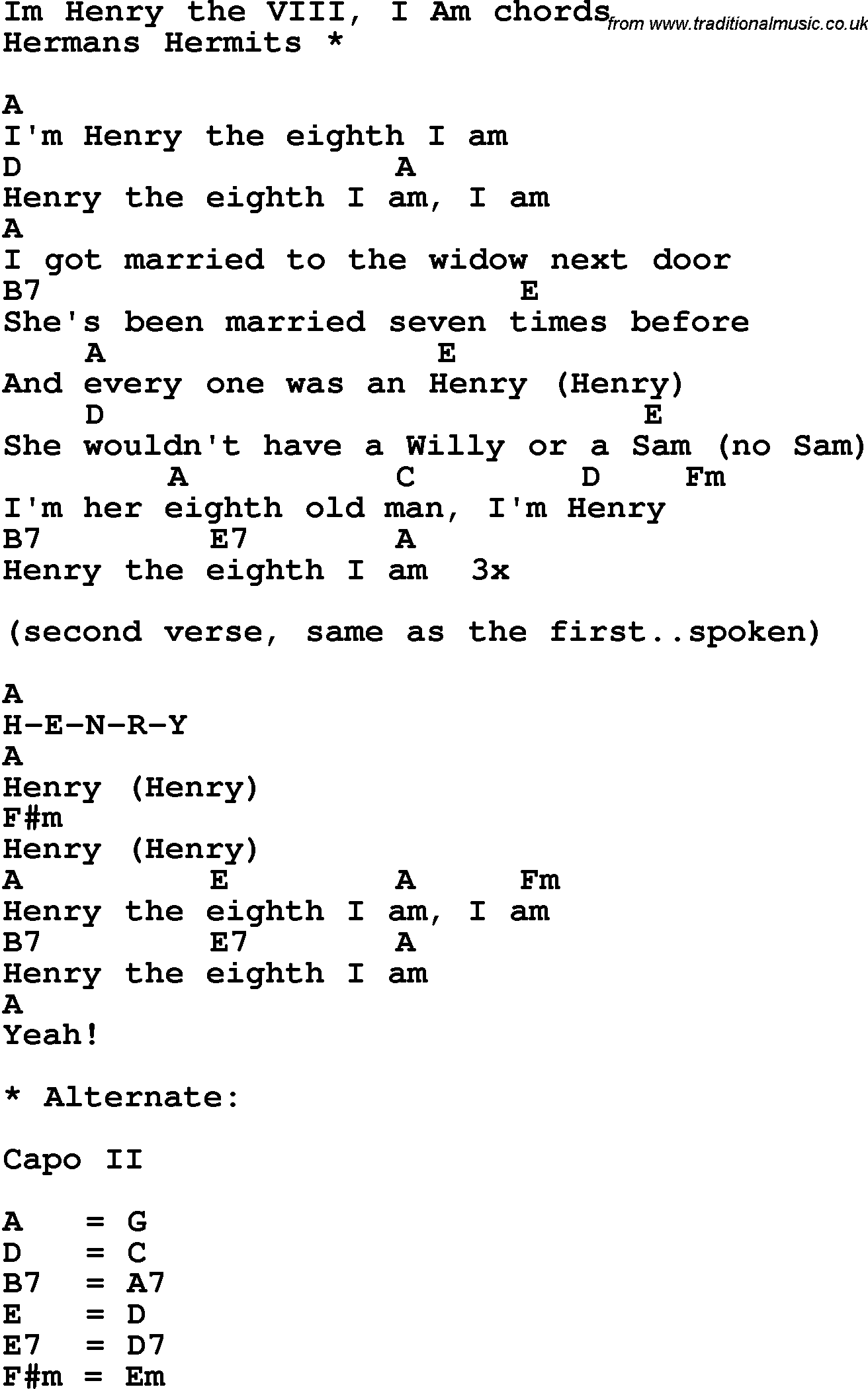 Song Lyrics with guitar chords for I'm Henry Viii