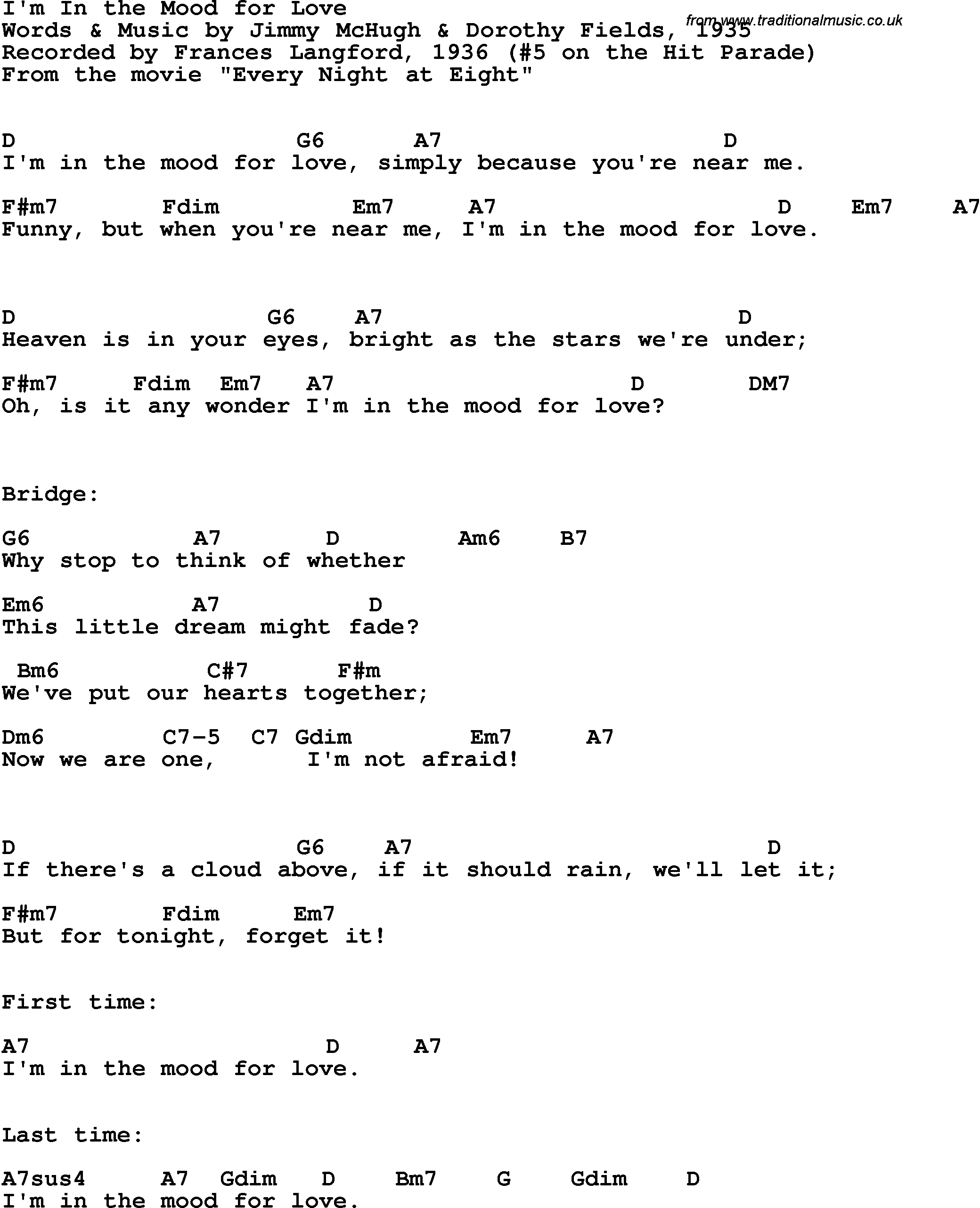 Song Lyrics with guitar chords for I'm In The Mood For Love - Frances Langford, 1936