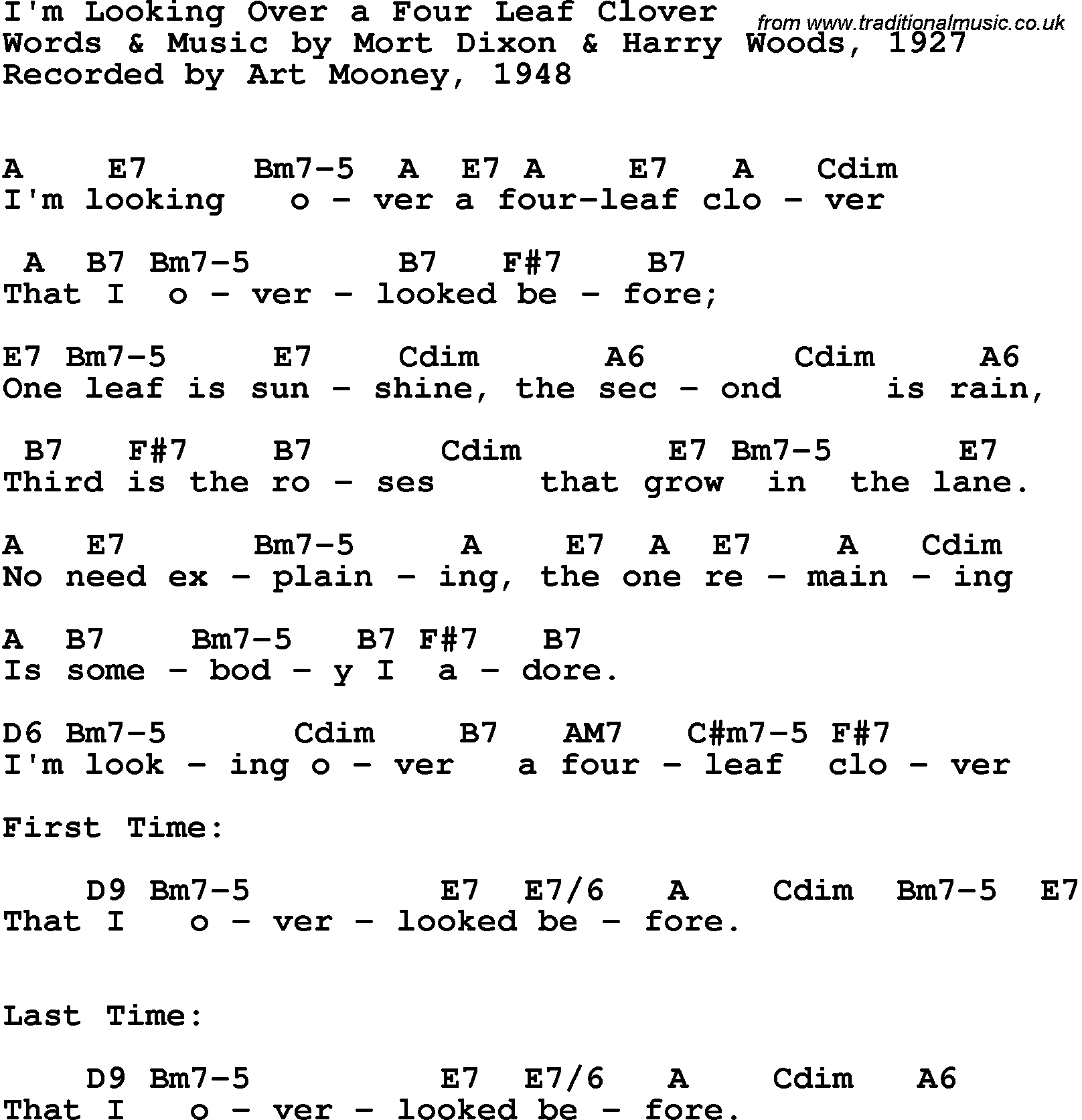 Song Lyrics with guitar chords for I'm Looking Over A Four Leaf Clover - Art Mooney, 1948