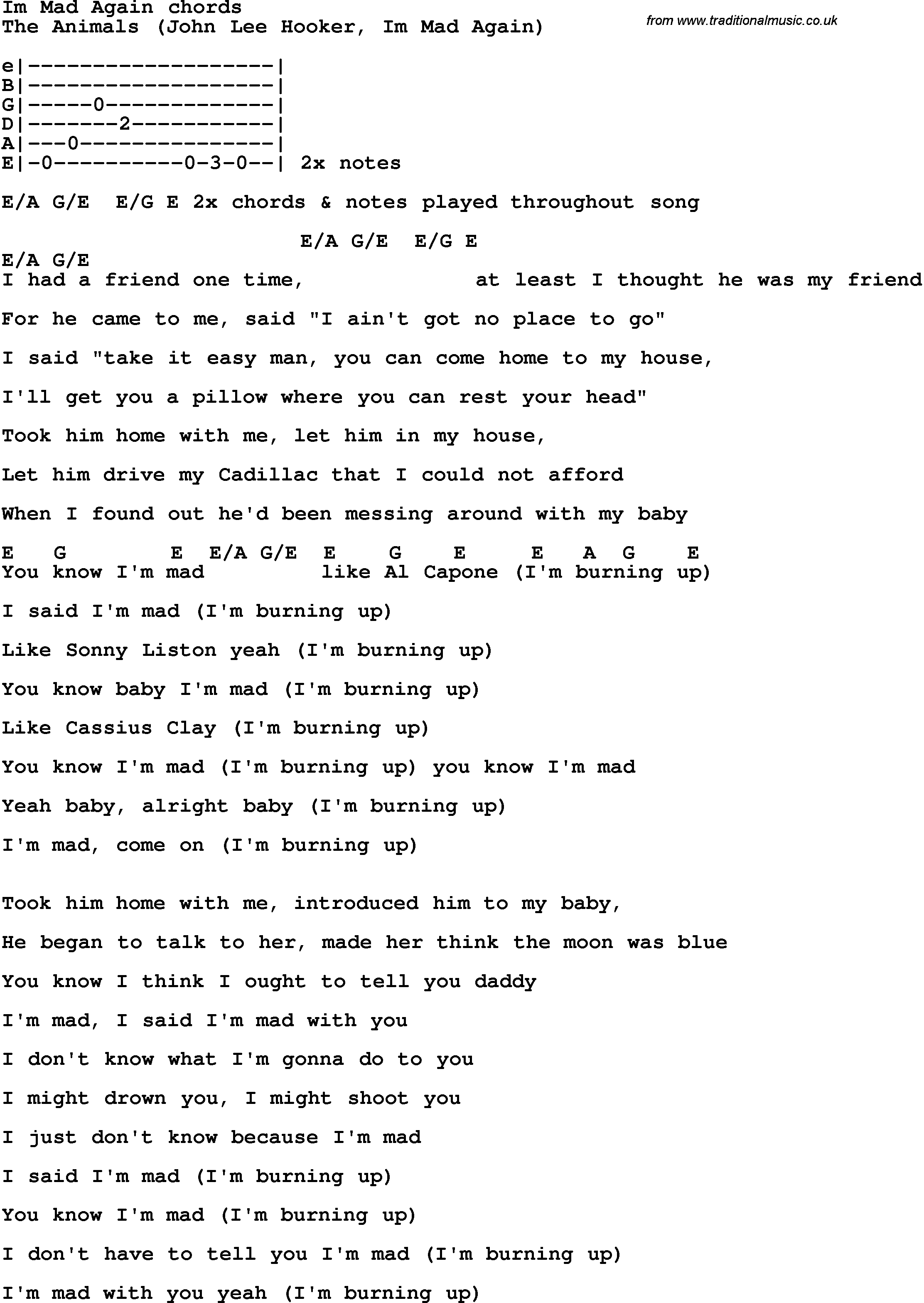 Song Lyrics with guitar chords for Im Mad Again