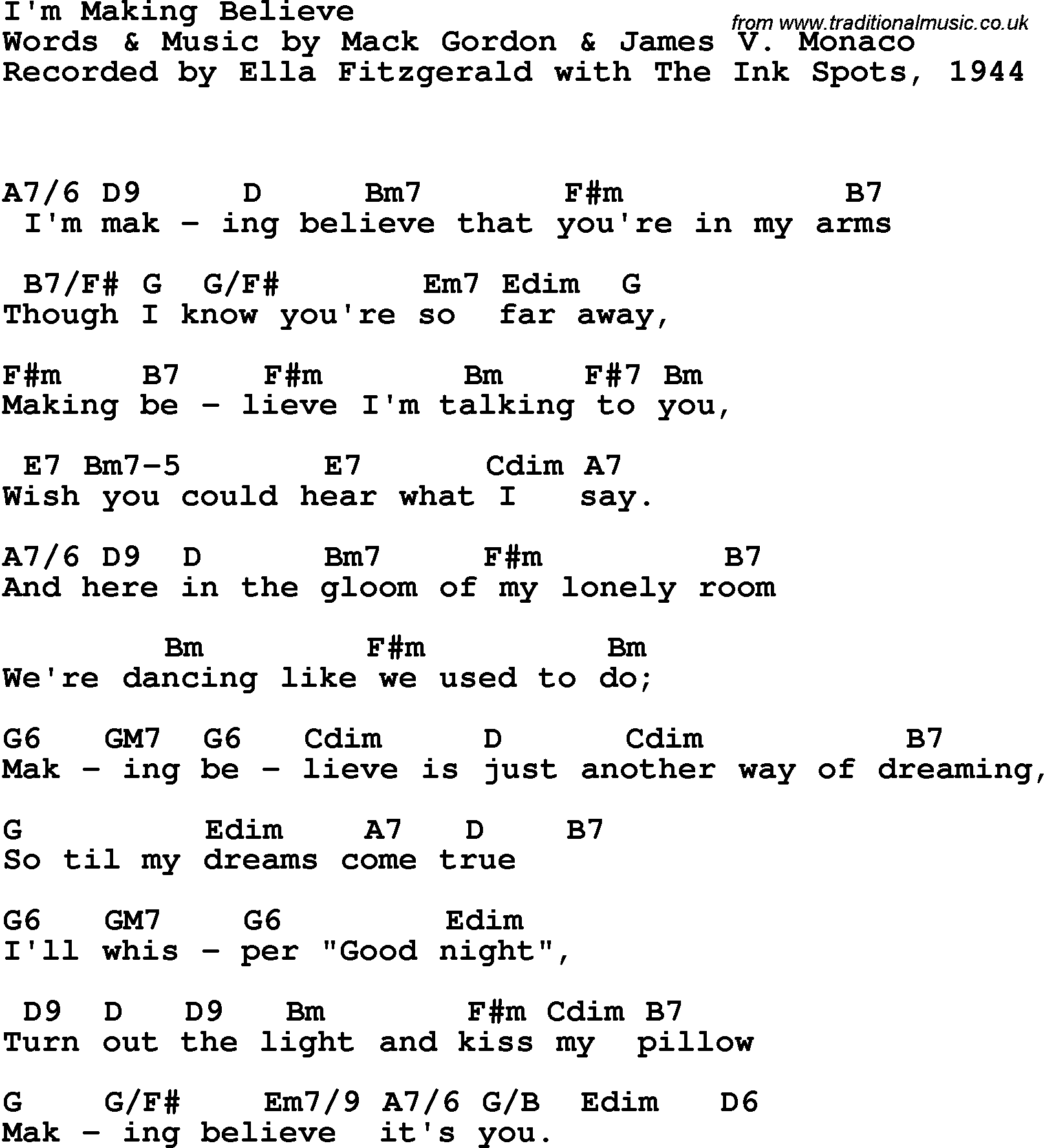 Song Lyrics with guitar chords for I'm Making Believe - Ella Fitzgerald With The Ink Spots, 1944