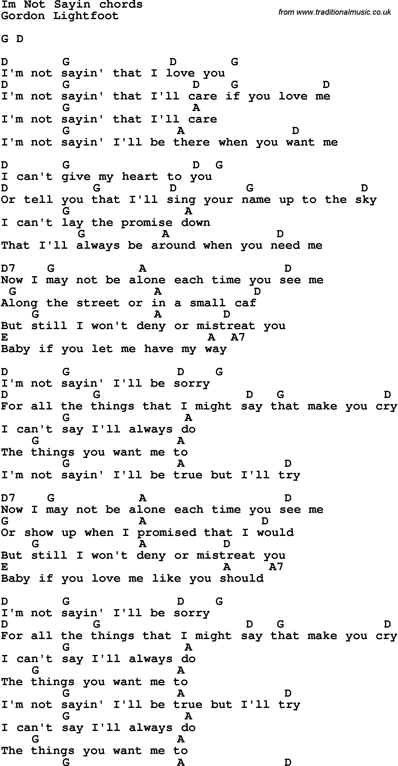 Song Lyrics with guitar chords for I'm Not Sayin'