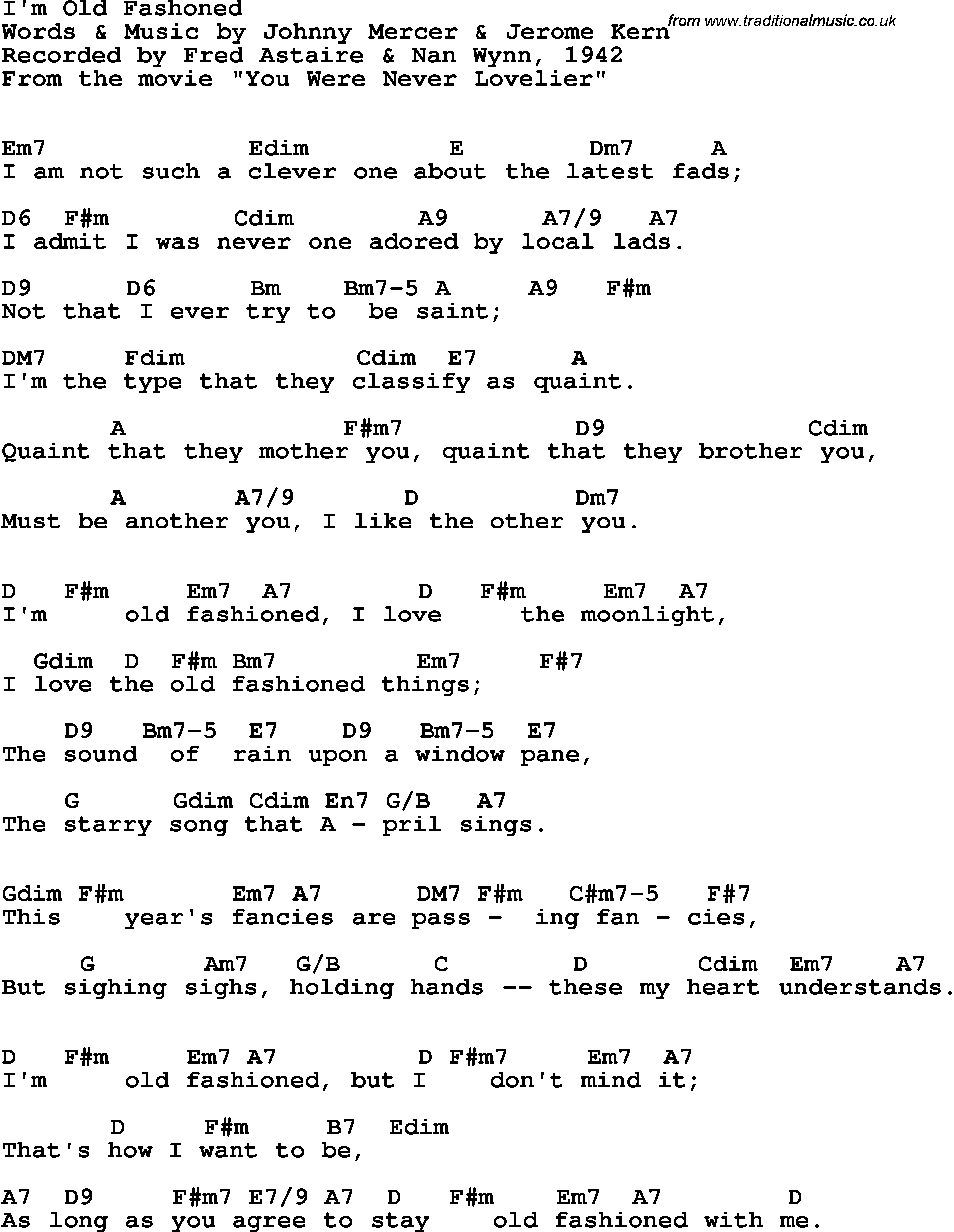 Song Lyrics with guitar chords for I'm Old Fashoned - Fred Astaire & Nan Wynn, 1942