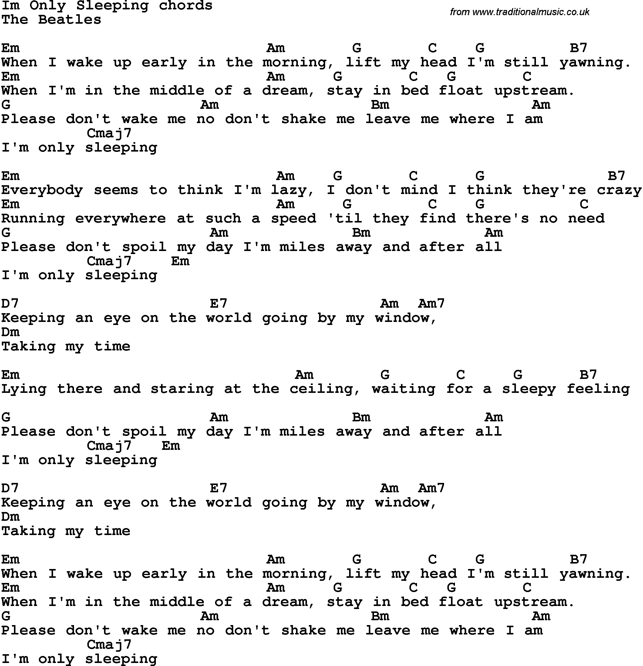 Song Lyrics with guitar chords for I'm Only Sleeping