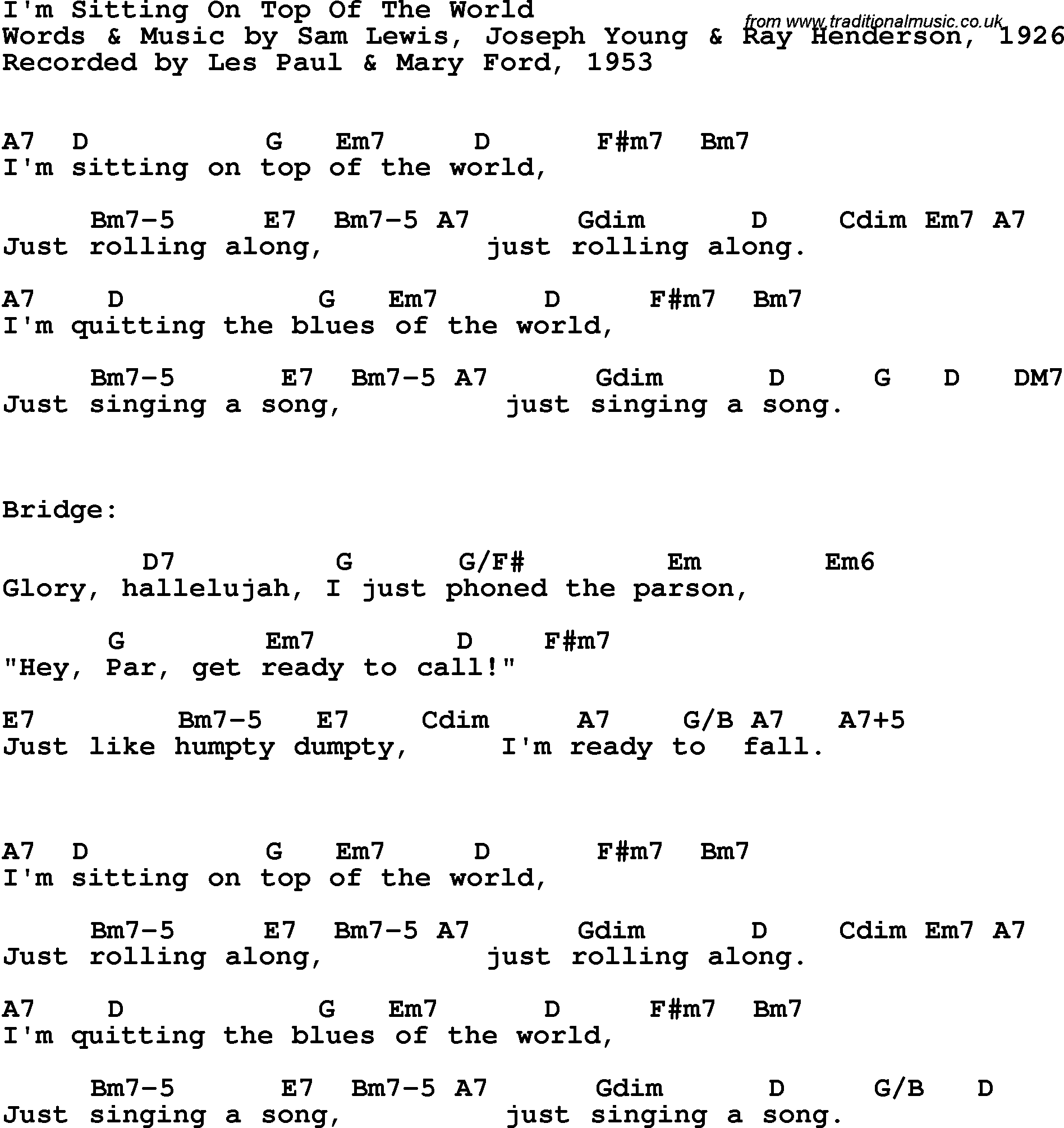 Song Lyrics with guitar chords for I'm Sittin' On Top Of The World - Les Paul & Mary Ford, 1953