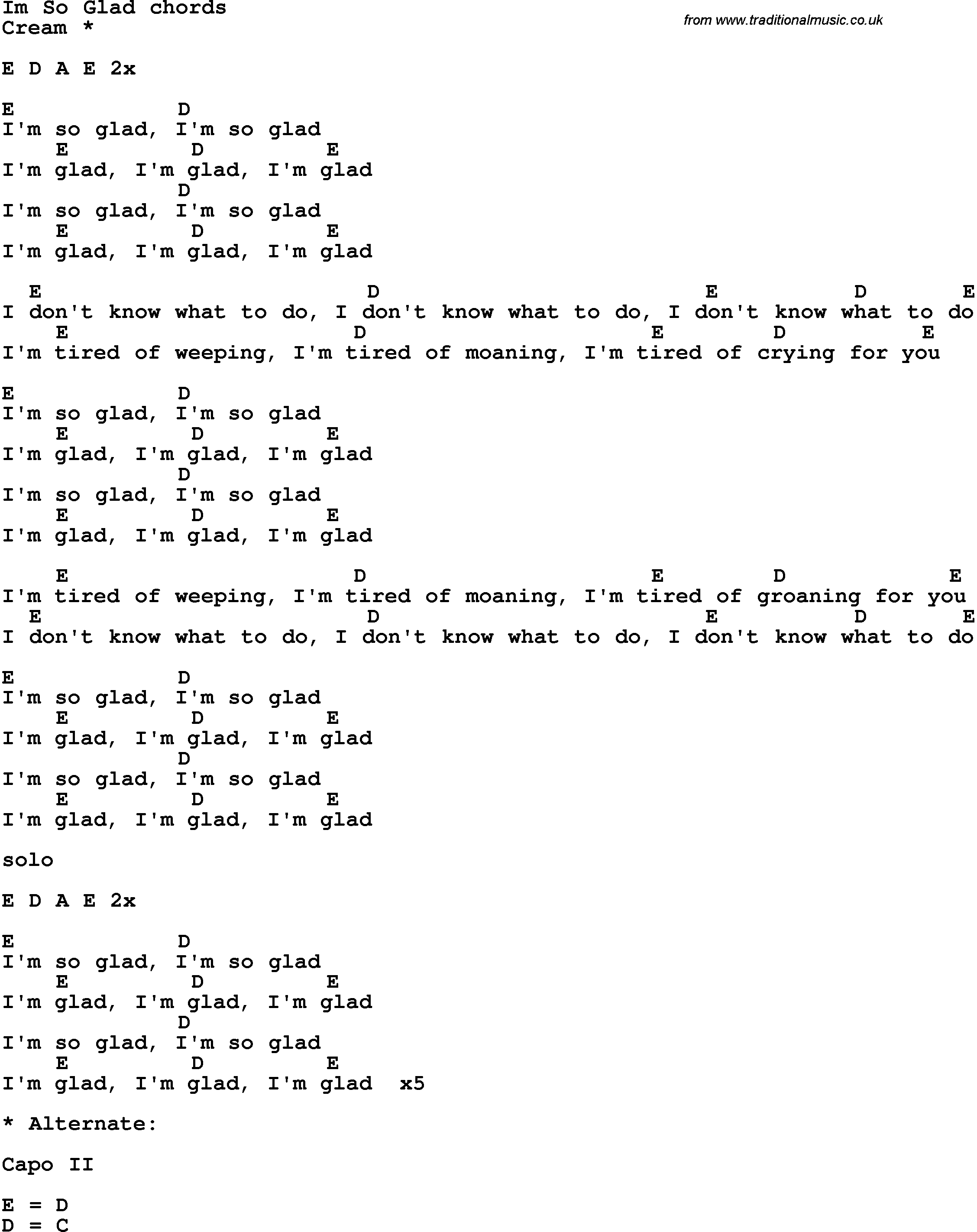 Song Lyrics with guitar chords for I'm So Glad